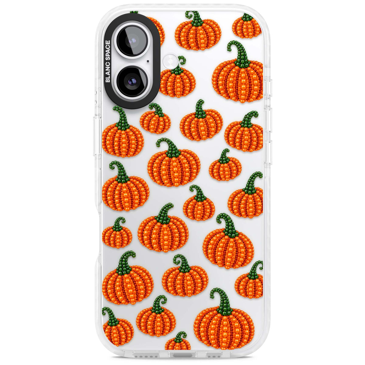 Beaded Pumpkins halloween iPhone case featuring beaded orange pumpkins with green stems on a clear background | Black Impact case for iPhone 17