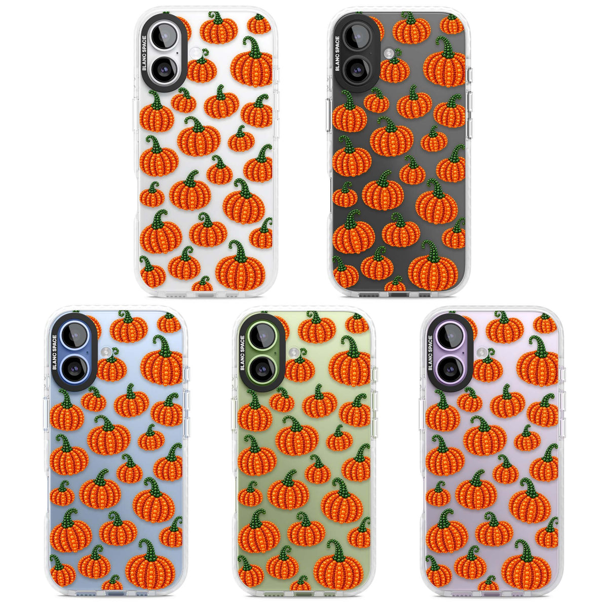 Beaded Pumpkins halloween iPhone case featuring beaded orange pumpkins with green stems on a clear background | Black Impact case for iPhone 17