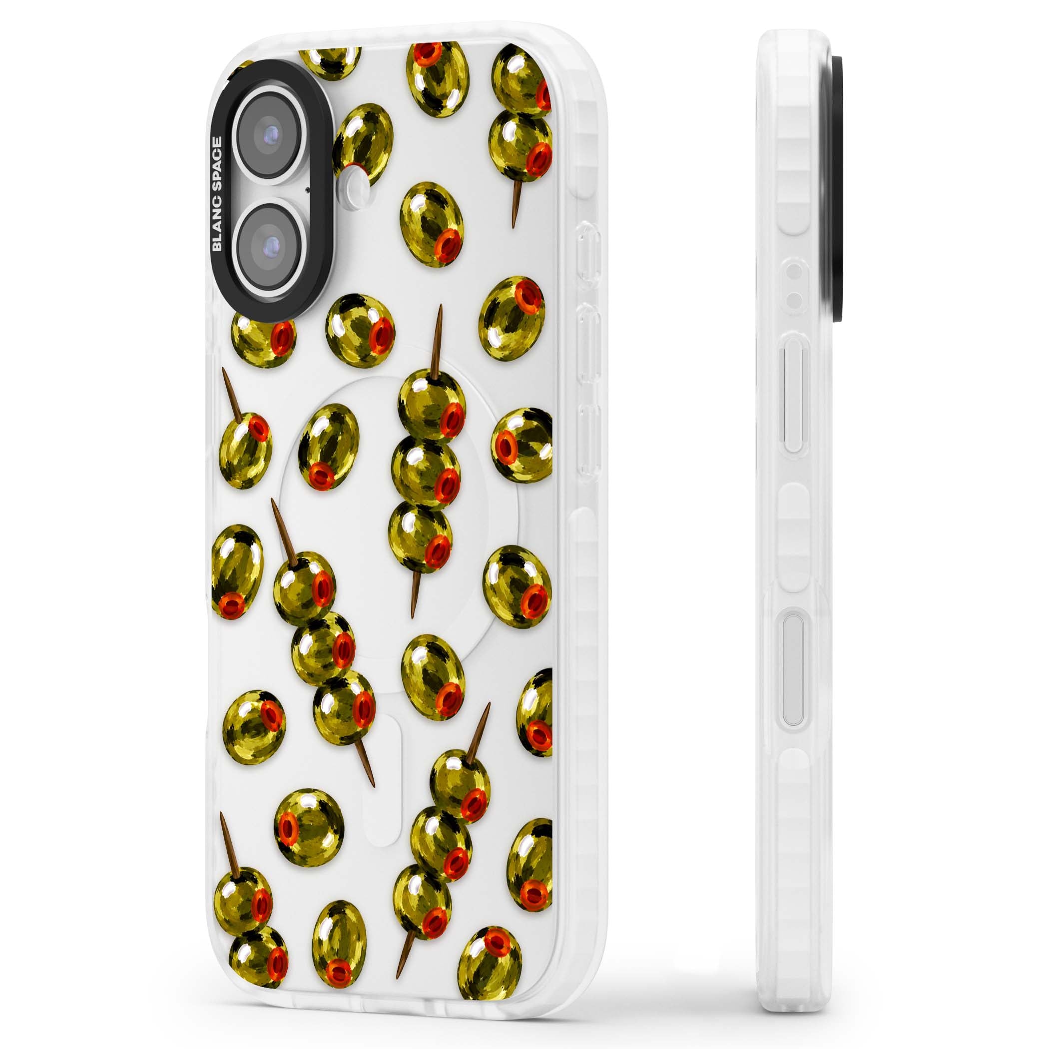 Painted Olives cocktail iPhone case featuring green olives, pimento centres and toothpick skewers on a clear background | Black Impact case for iPhone 17