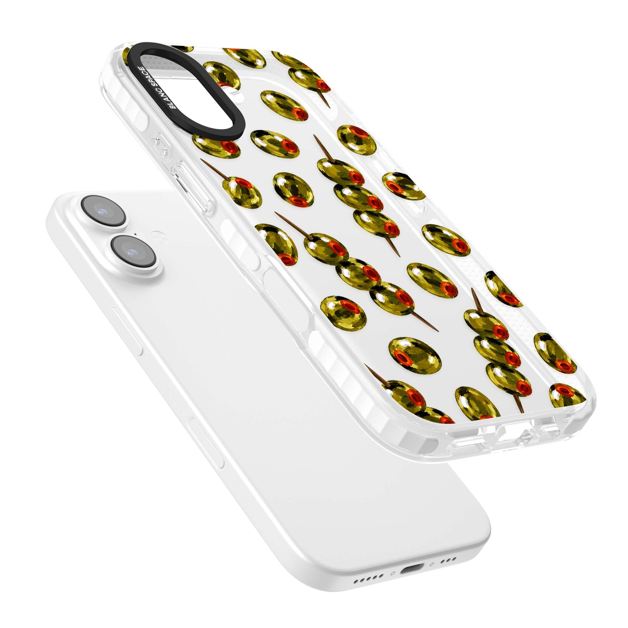 Painted Olives cocktail iPhone case featuring green olives, pimento centres and toothpick skewers on a clear background | Black Impact case for iPhone 17