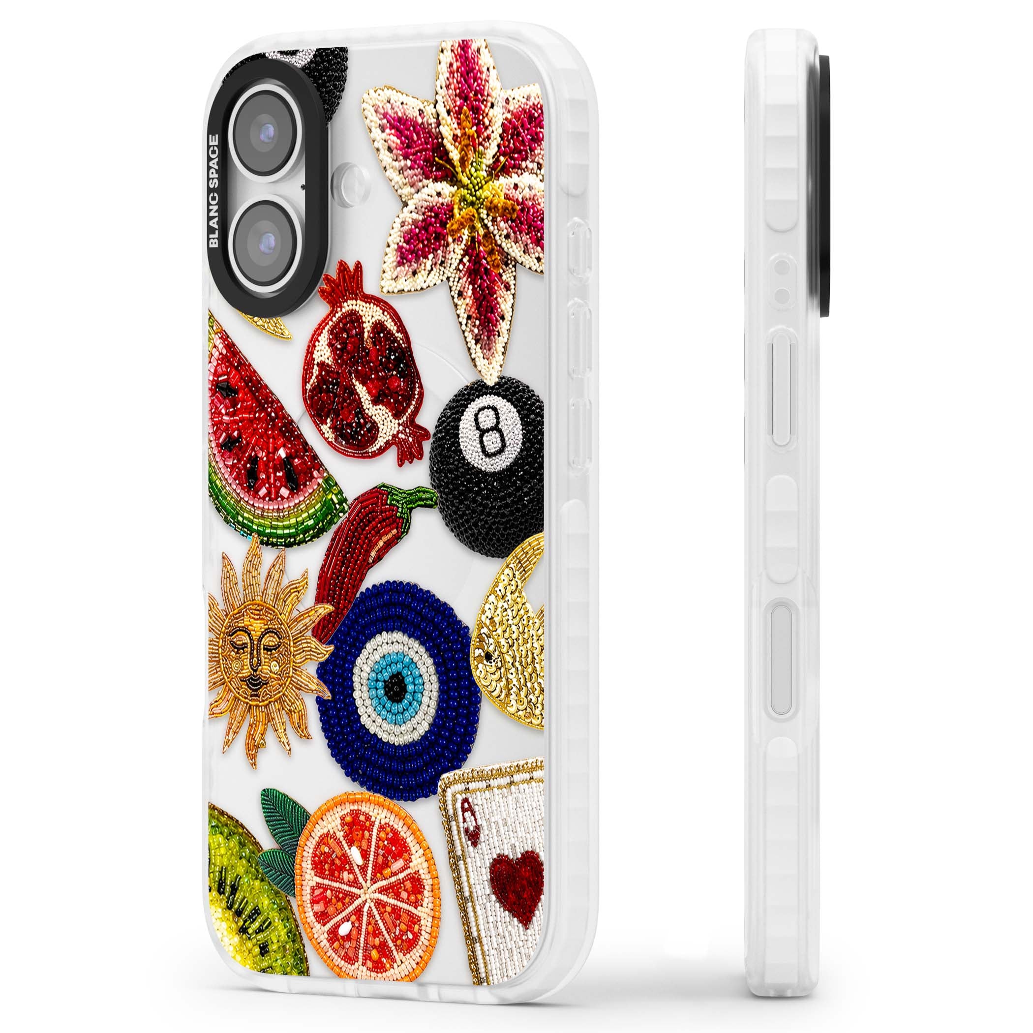 Beaded Charms embroidery iPhone case featuring beaded evil eye, fruit patches and a golden sun motif | Black Impact case for iPhone 17