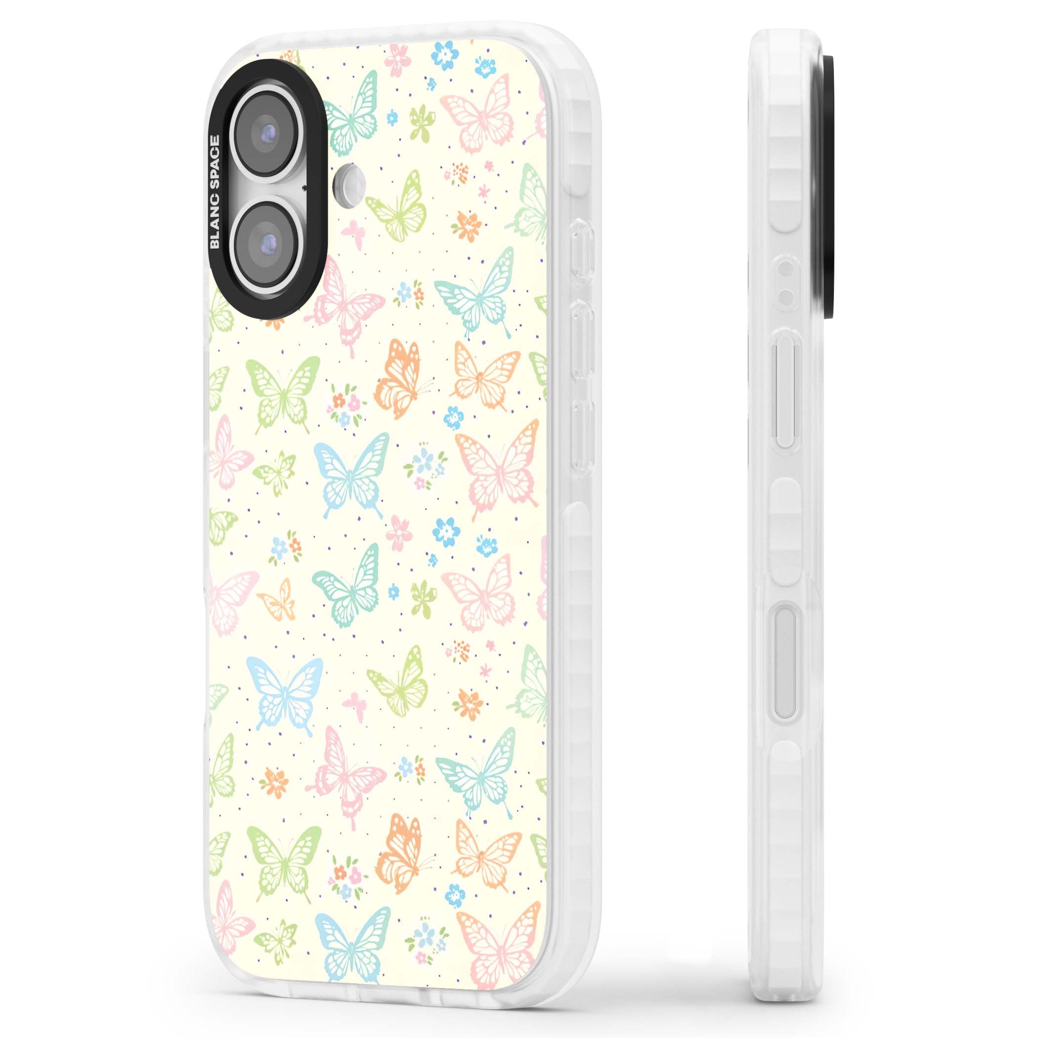 Sugar Wings cottagecore iPhone case featuring rainbow pastel butterflies, tiny wildflowers, and a cream background | Black Impact case for iPhone 17