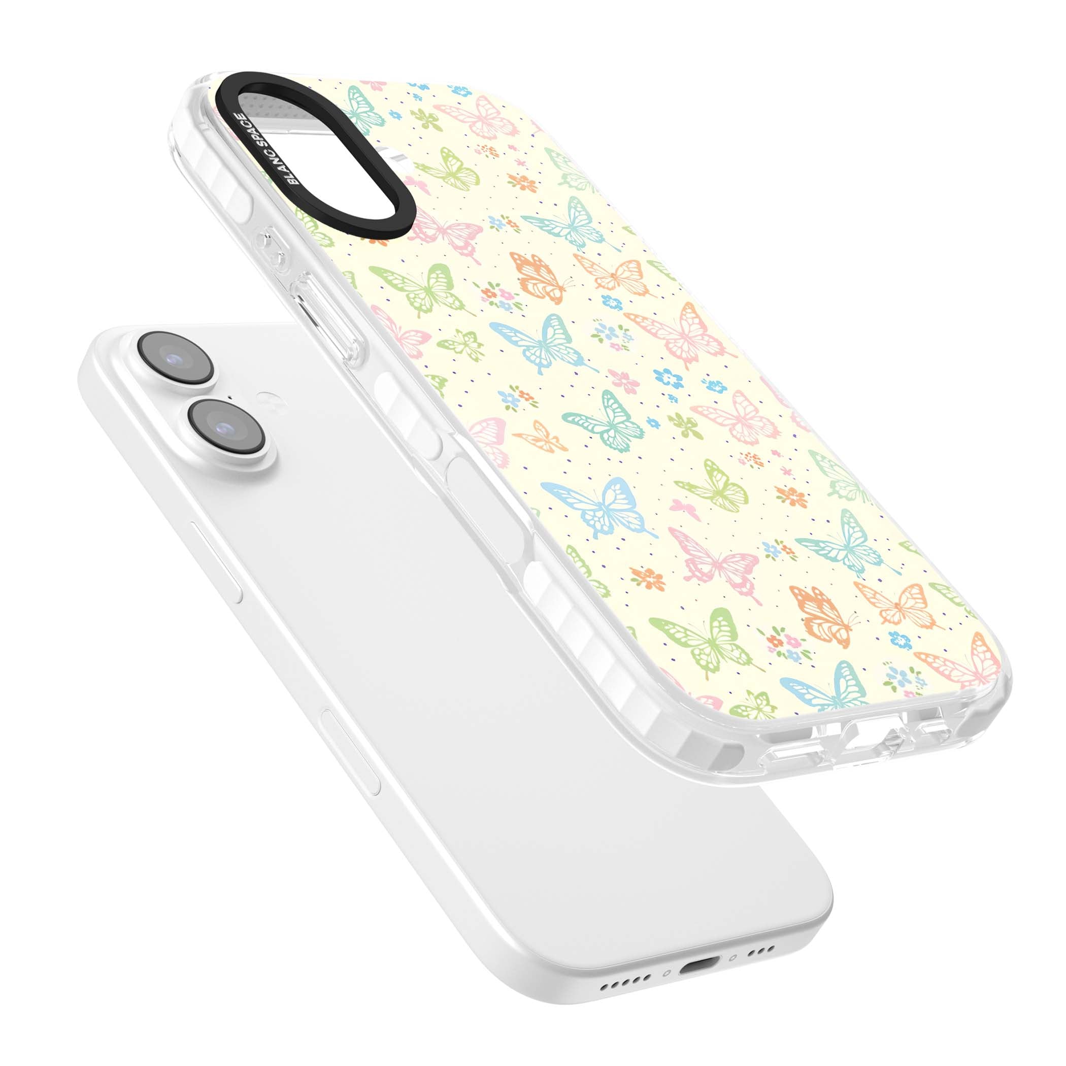 Sugar Wings cottagecore iPhone case featuring rainbow pastel butterflies, tiny wildflowers, and a cream background | Black Impact case for iPhone 17