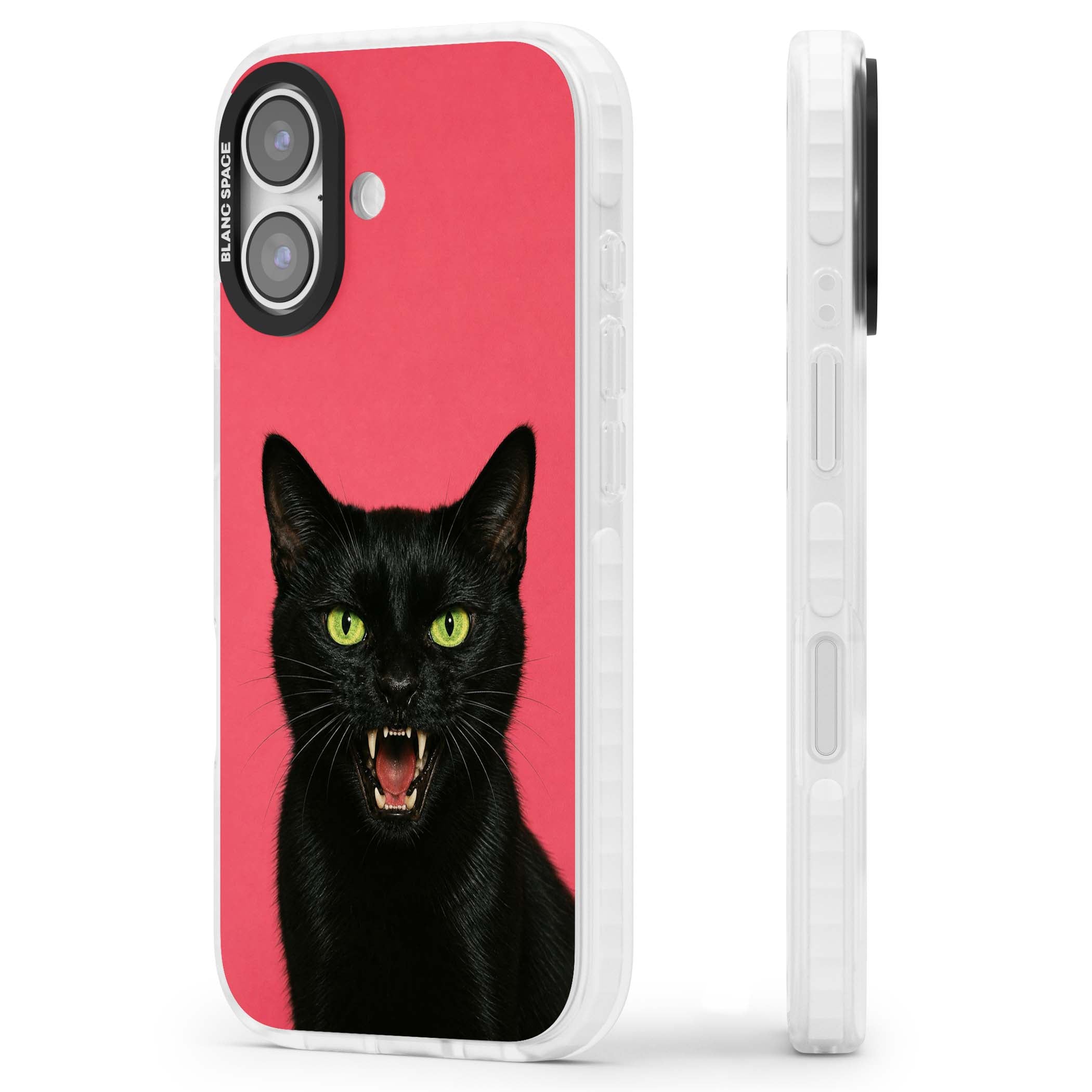 Hissin' Baddie black cat iPhone case featuring a hissing feline with green eyes on a hot pink background | Black Impact case for iPhone 17