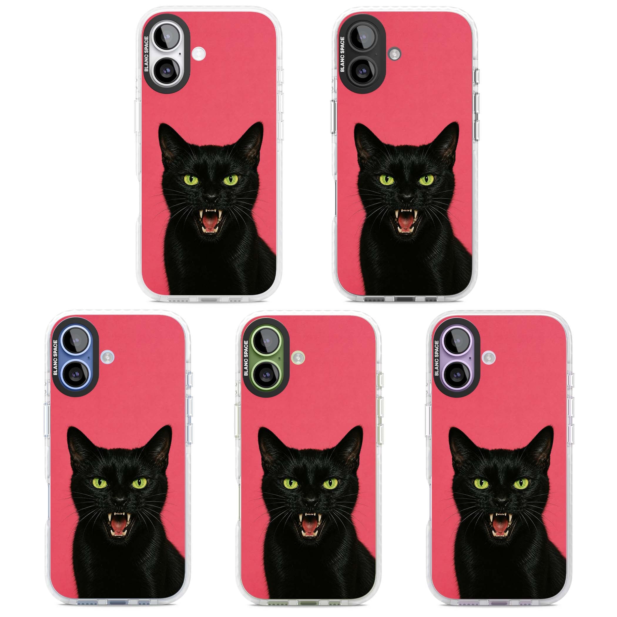Hissin' Baddie black cat iPhone case featuring a hissing feline with green eyes on a hot pink background | Black Impact case for iPhone 17