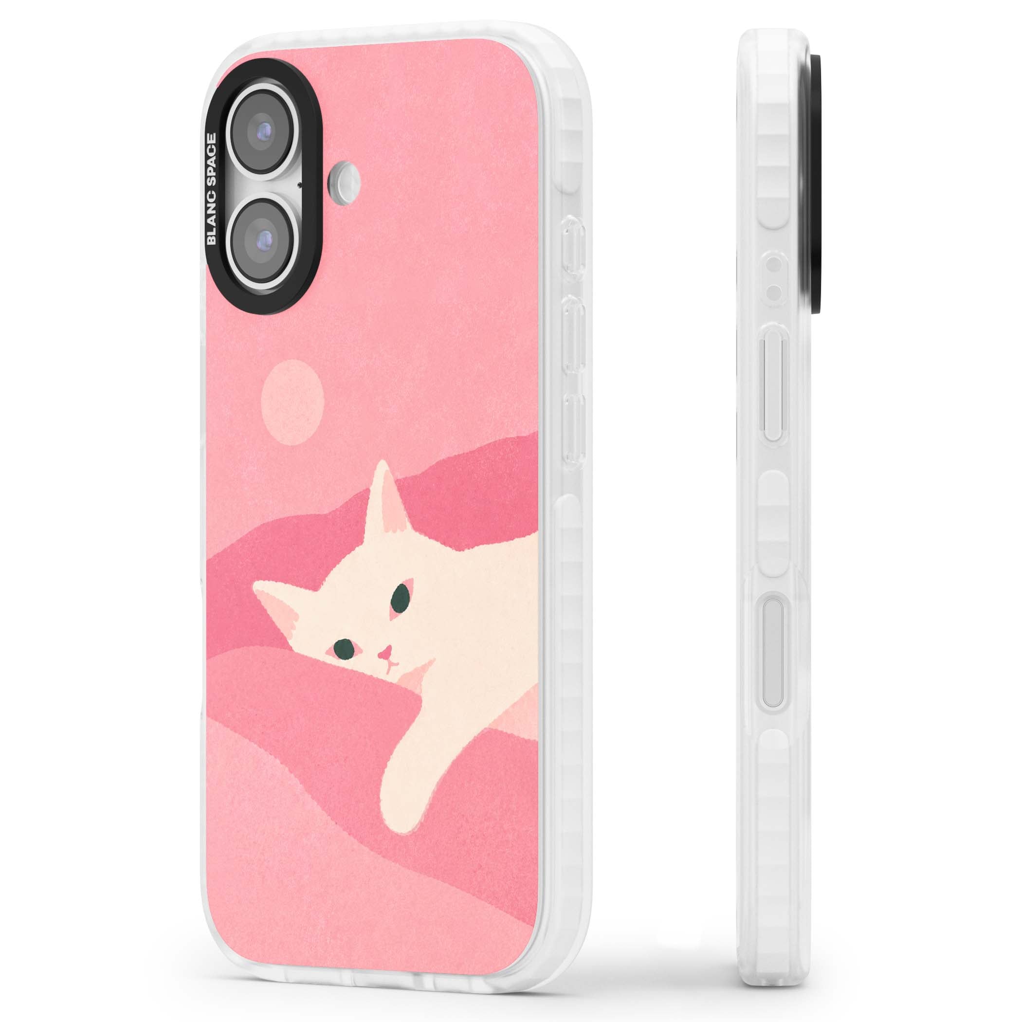 Pink Dreams cute cat iPhone case featuring a white kitten, soft pink hills and a pale pastel sun | Black Impact case for iPhone 17