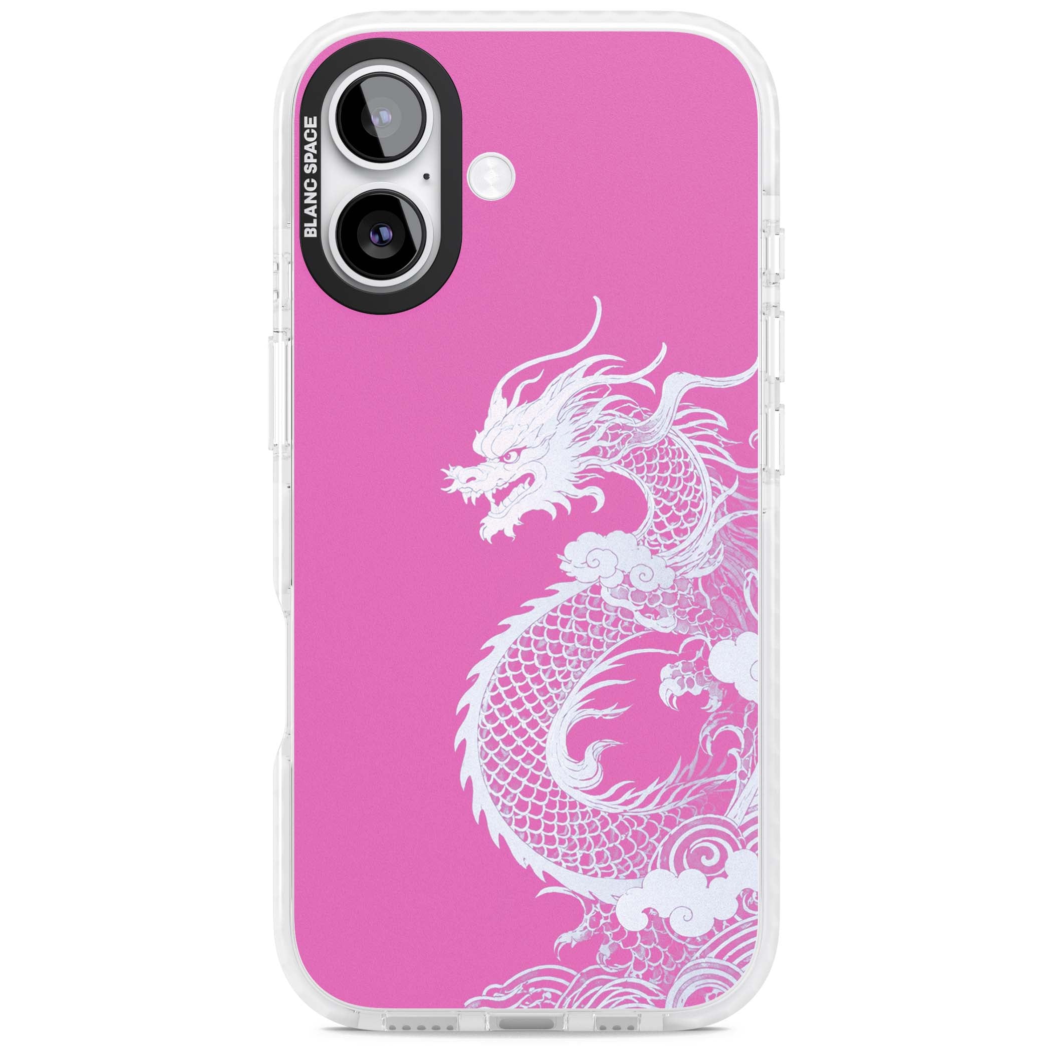 Pink Empress chinese dragon iPhone case featuring a white dragon, swirling clouds and pink dragon wallpaper backdrop | Black Impact case for iPhone 17