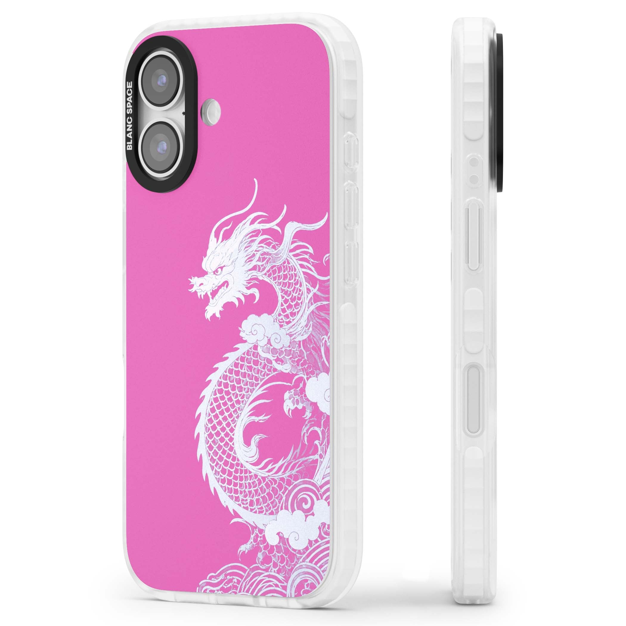 Pink Empress chinese dragon iPhone case featuring a white dragon, swirling clouds and pink dragon wallpaper backdrop | Black Impact case for iPhone 17