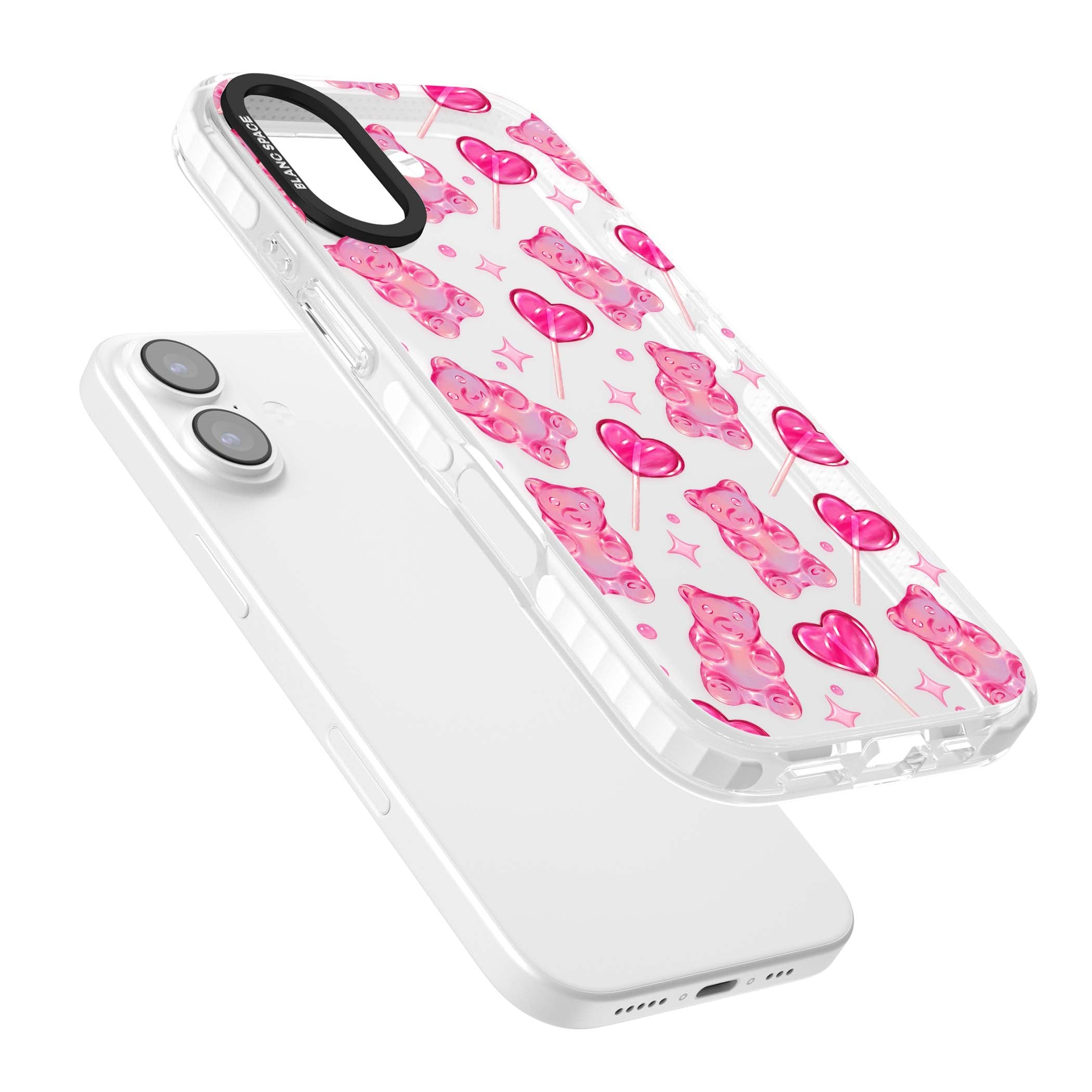 Pink Sugar pinkcore iPhone case featuring pink gummy bears, heart-shaped lollipops and sparkle stars | Black Impact case for iPhone 17