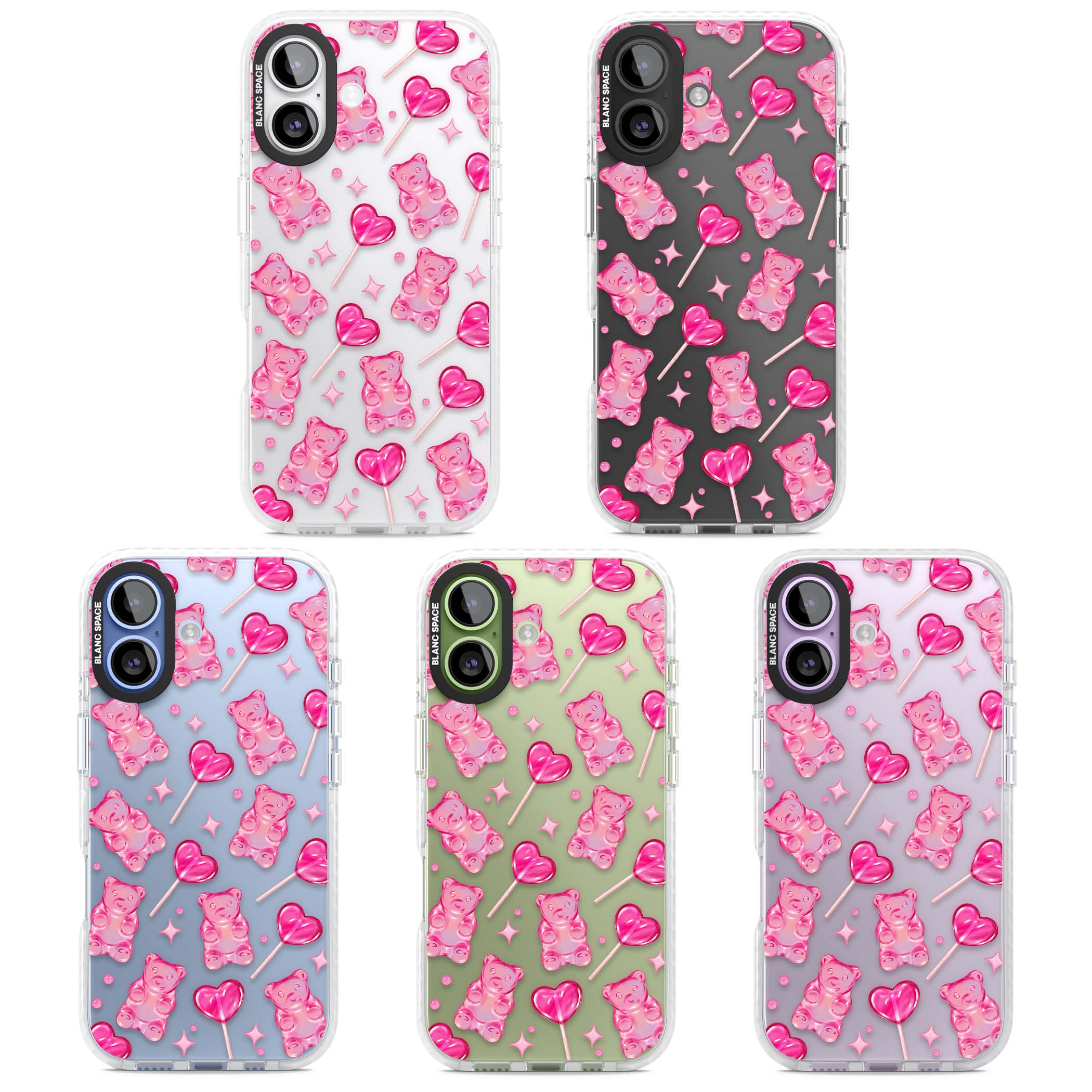 Pink Sugar pinkcore iPhone case featuring pink gummy bears, heart-shaped lollipops and sparkle stars | Black Impact case for iPhone 17