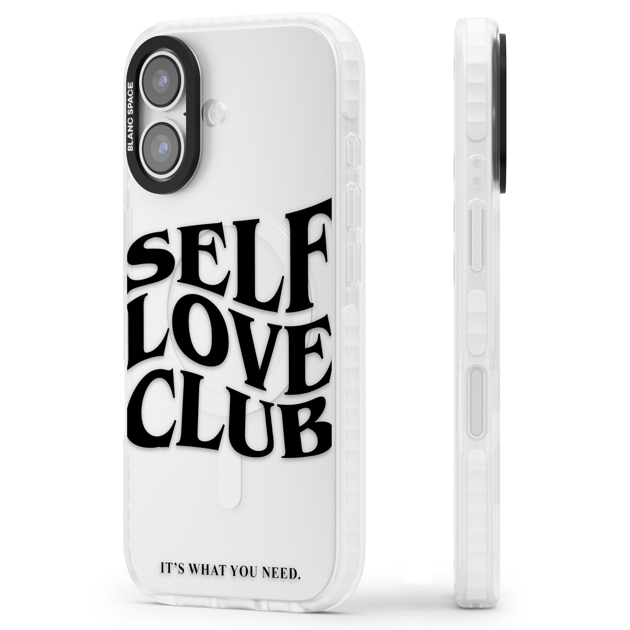 Self Love Club Black iPhone 17 Impact Clear Phone Case Side Profile