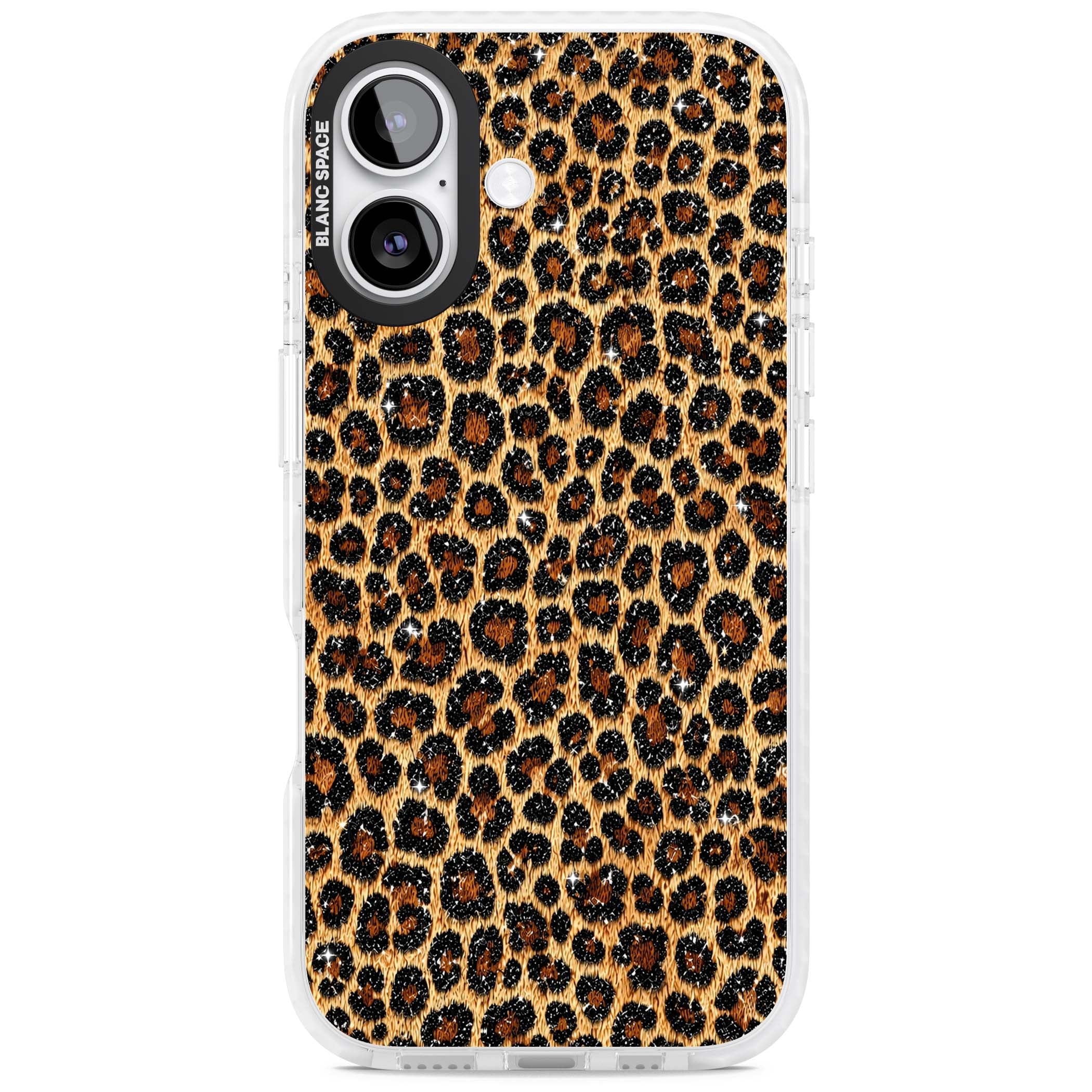 Diamond Leopard leopard print iPhone case featuring golden tan fur, black rosette spots and subtle glitter sparkle | Black Impact case for iPhone 17