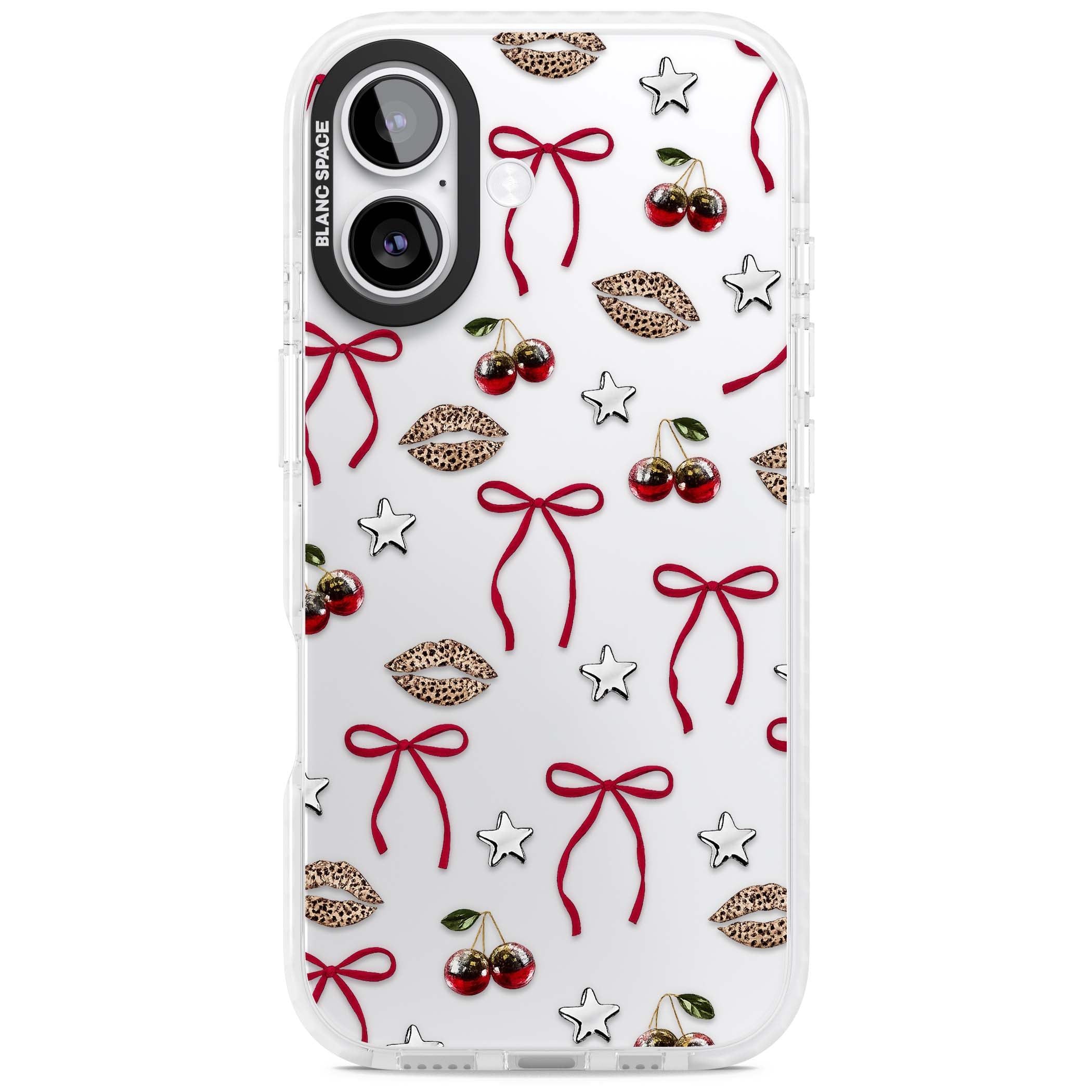 Starlet coquette iPhone case featuring red ribbon bows, disco cherries and leopard-print lips | Black Impact case for iPhone 17