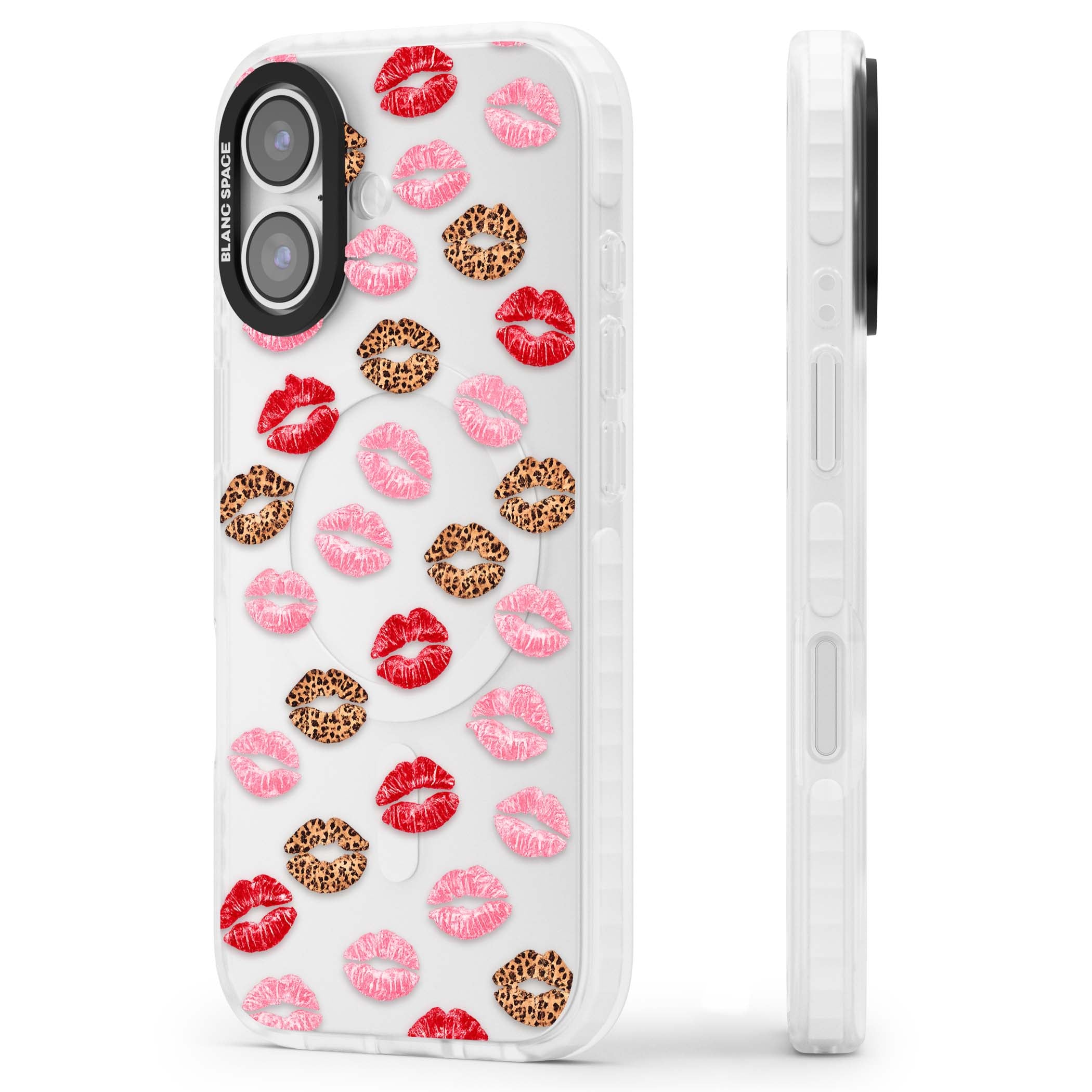 Wild Kisses coquette iPhone case featuring red, pink and leopard print lipstick kiss marks on a clear background | Black Impact case for iPhone 17