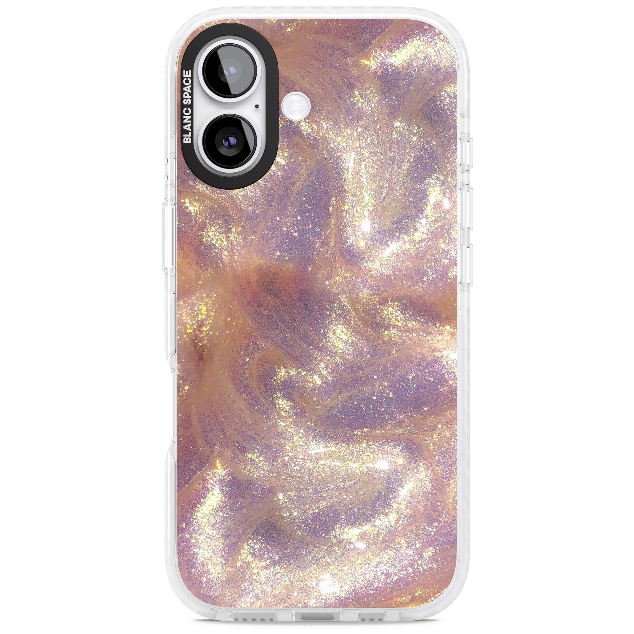 Shimmer marble iPhone case featuring rose gold glitter swirls, lilac shimmer and iridescent pearl finish | Black Impact case for iPhone 17