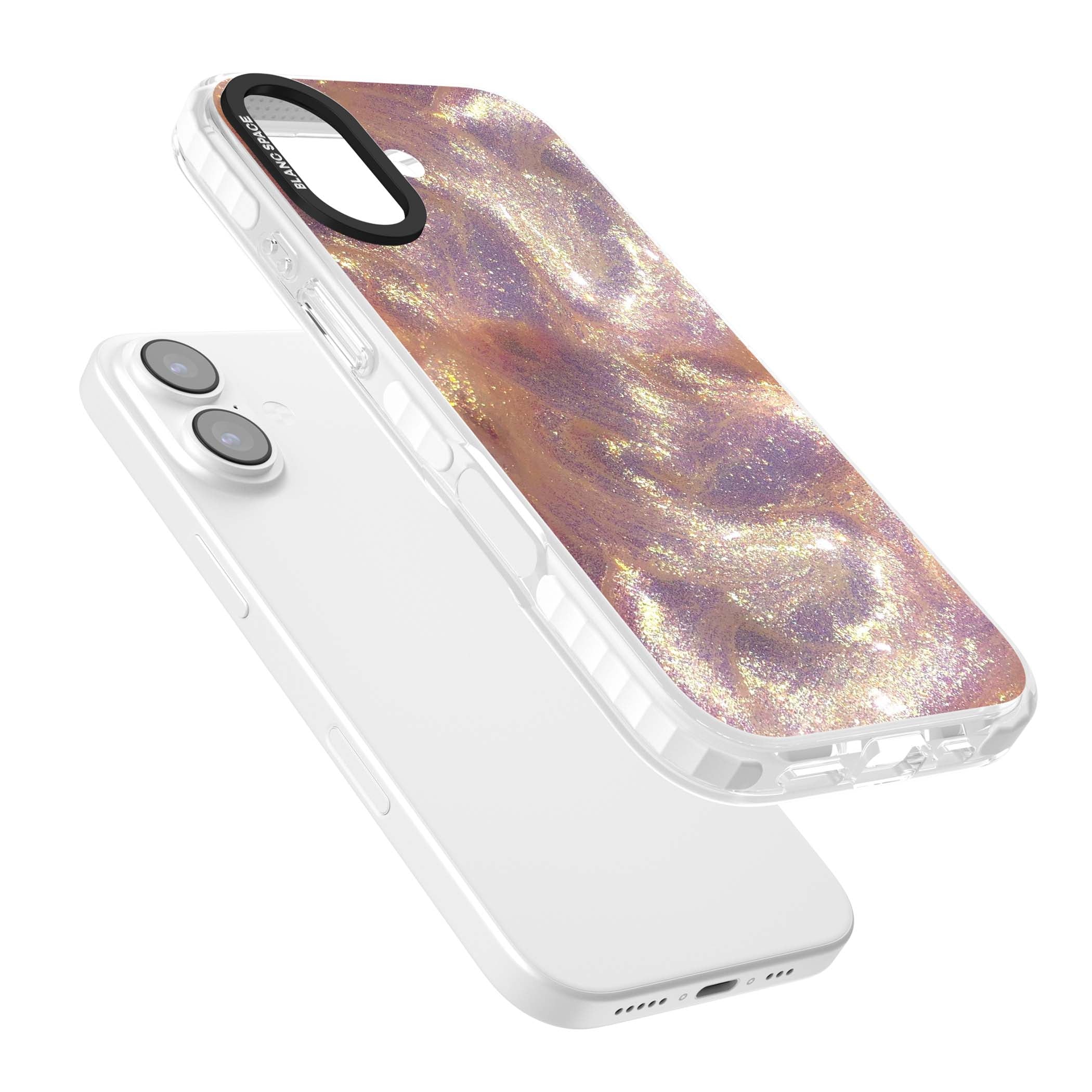 Shimmer marble iPhone case featuring rose gold glitter swirls, lilac shimmer and iridescent pearl finish | Black Impact case for iPhone 17