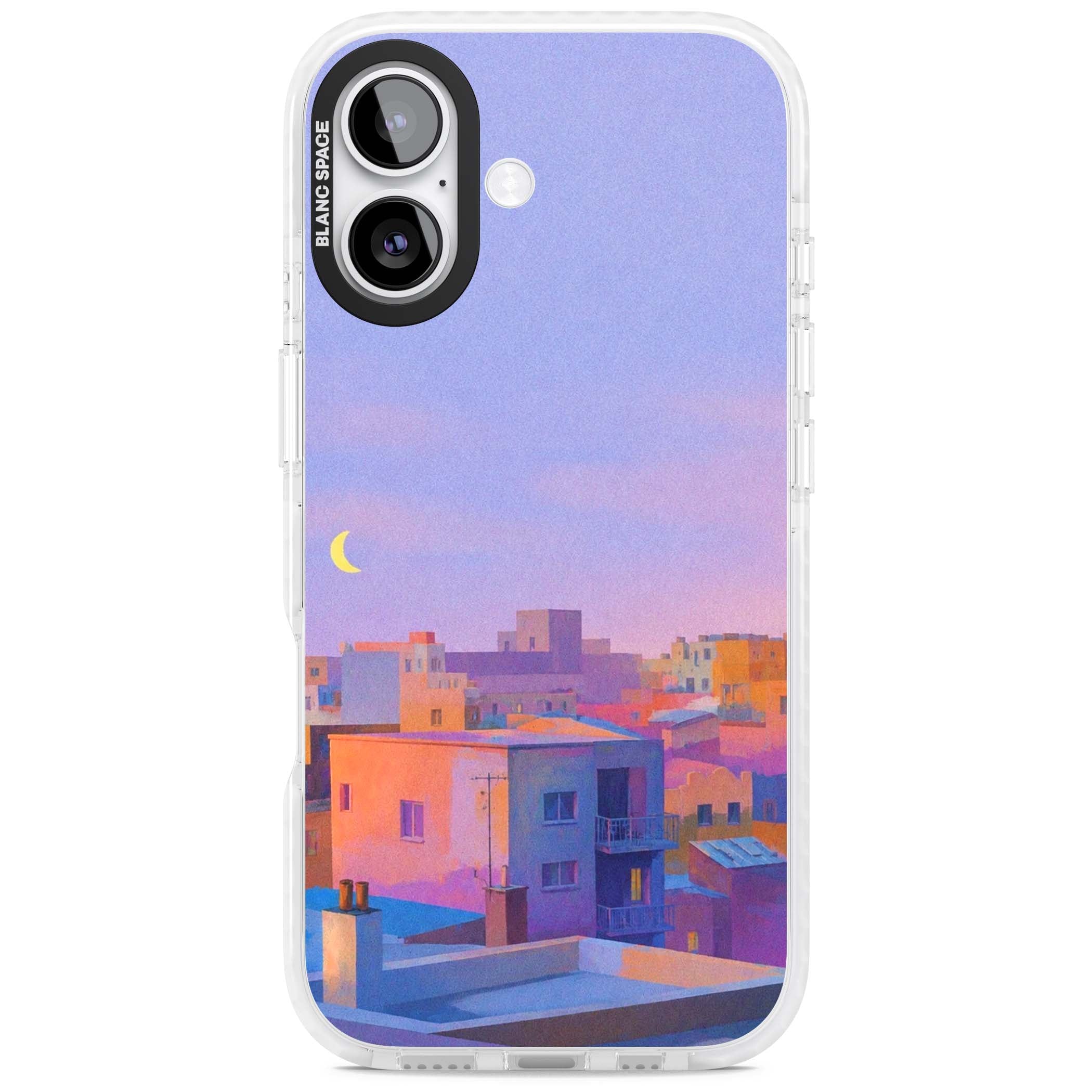 Twilight Rooftops vaporwave iPhone case featuring a pastel sunset cityscape, painted rooftops and a crescent moon. | Black Impact case for iPhone 17