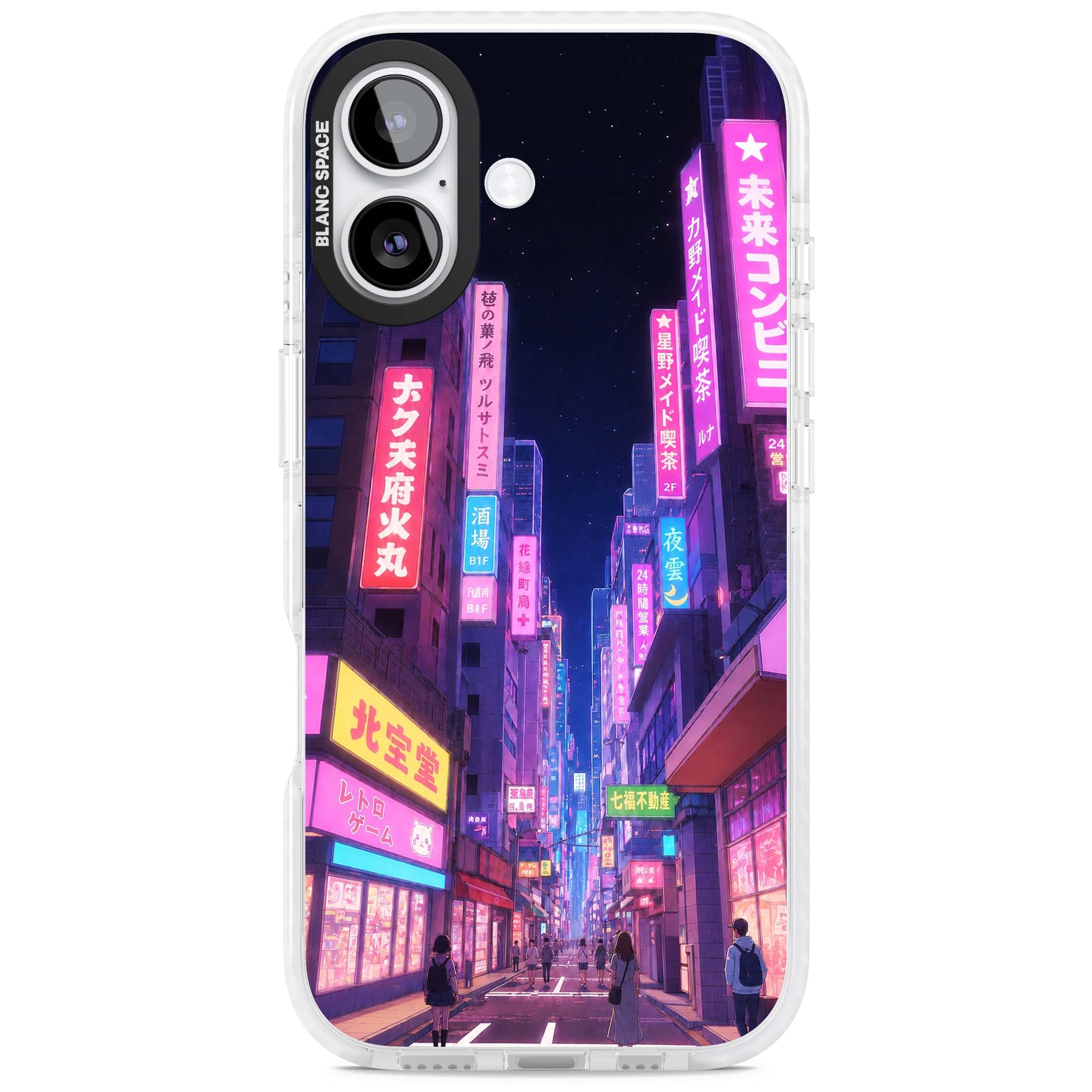 Shibuya At Night Japanese neon city iPhone case featuring glowing kanji signs, pink storefronts and a Tokyo street at n | Black Impact case for iPhone 17