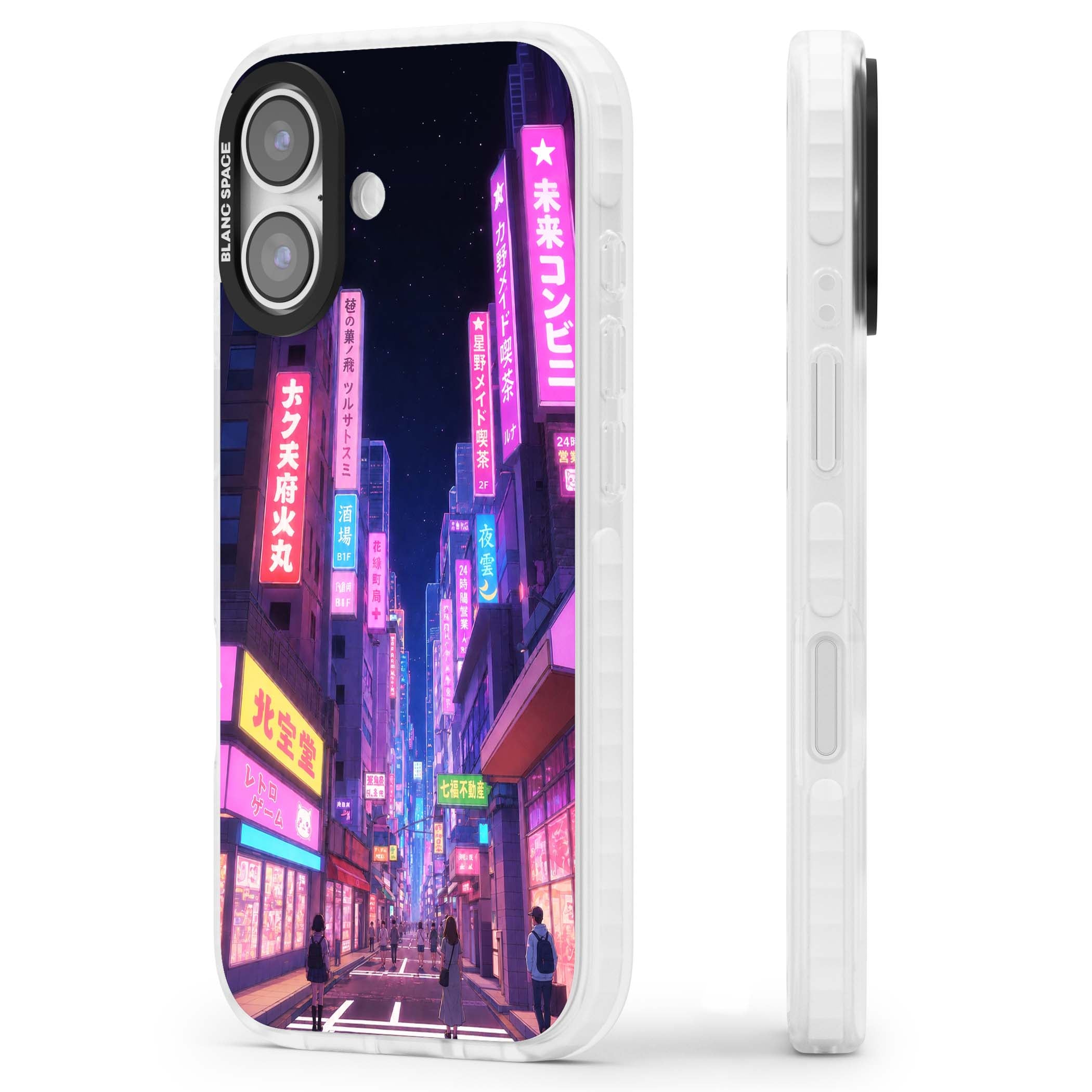 Shibuya At Night Japanese neon city iPhone case featuring glowing kanji signs, pink storefronts and a Tokyo street at n | Black Impact case for iPhone 17
