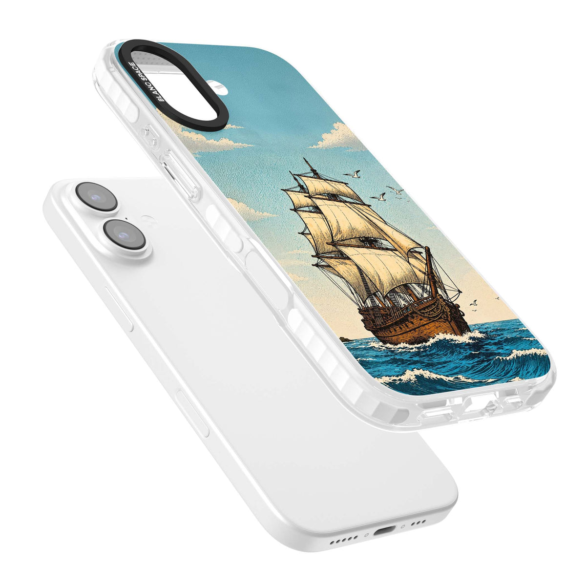 Ship at Sea nautical iPhone case featuring a vintage tall ship, ocean waves and seagulls | Black Impact case for iPhone 17