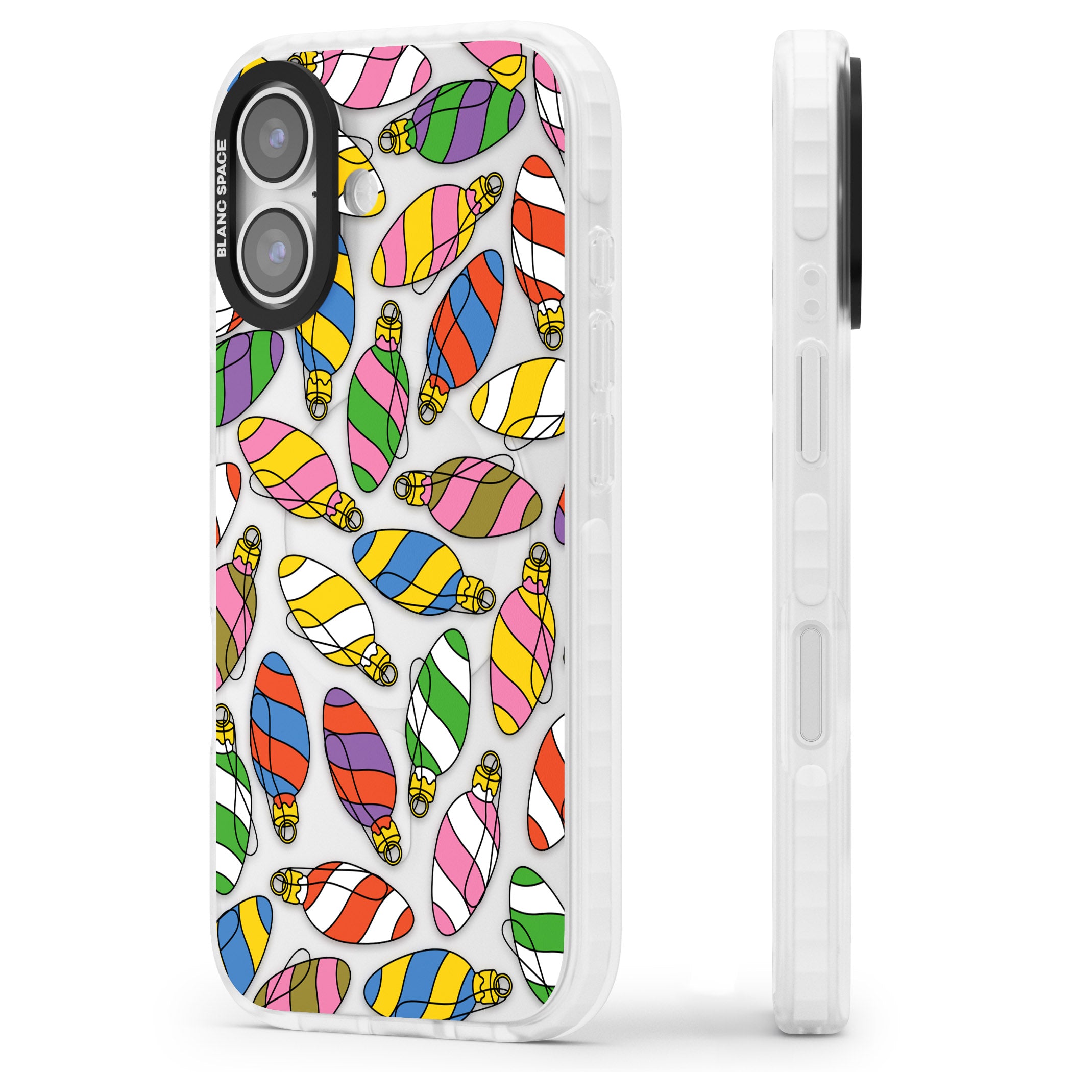 Colourful Holiday Ornaments iPhone 17 Impact Clear Phone Case Side Profile
