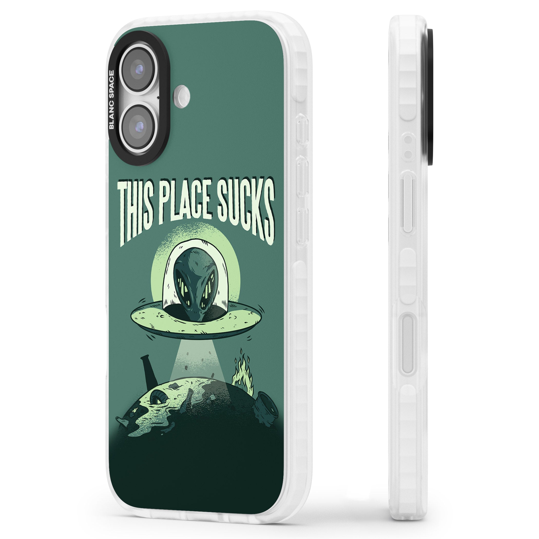 Earth Sucks iPhone 17 Impact Clear Phone Case Side Profile