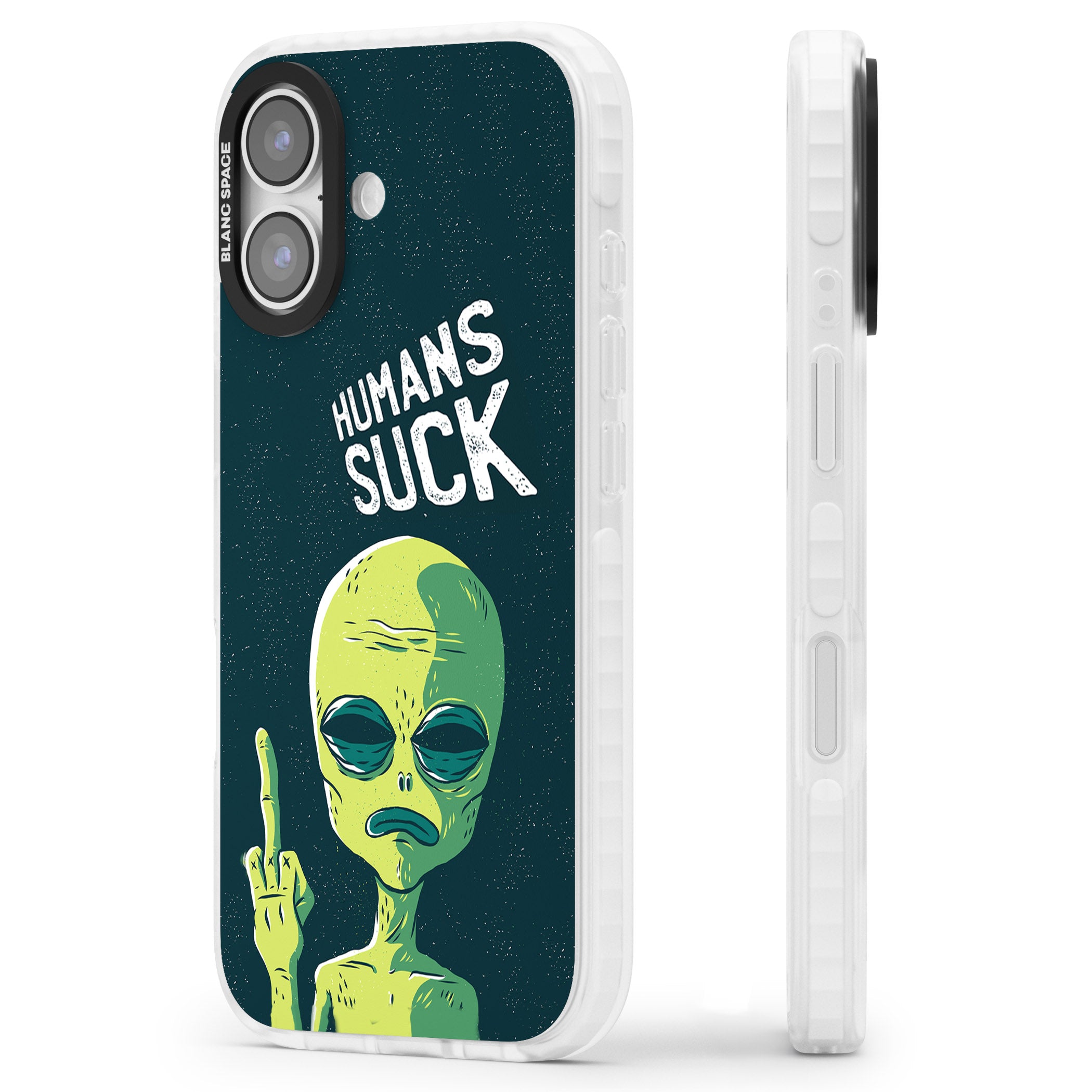 Humans Suck Alien iPhone 17 Impact Clear Phone Case Side Profile