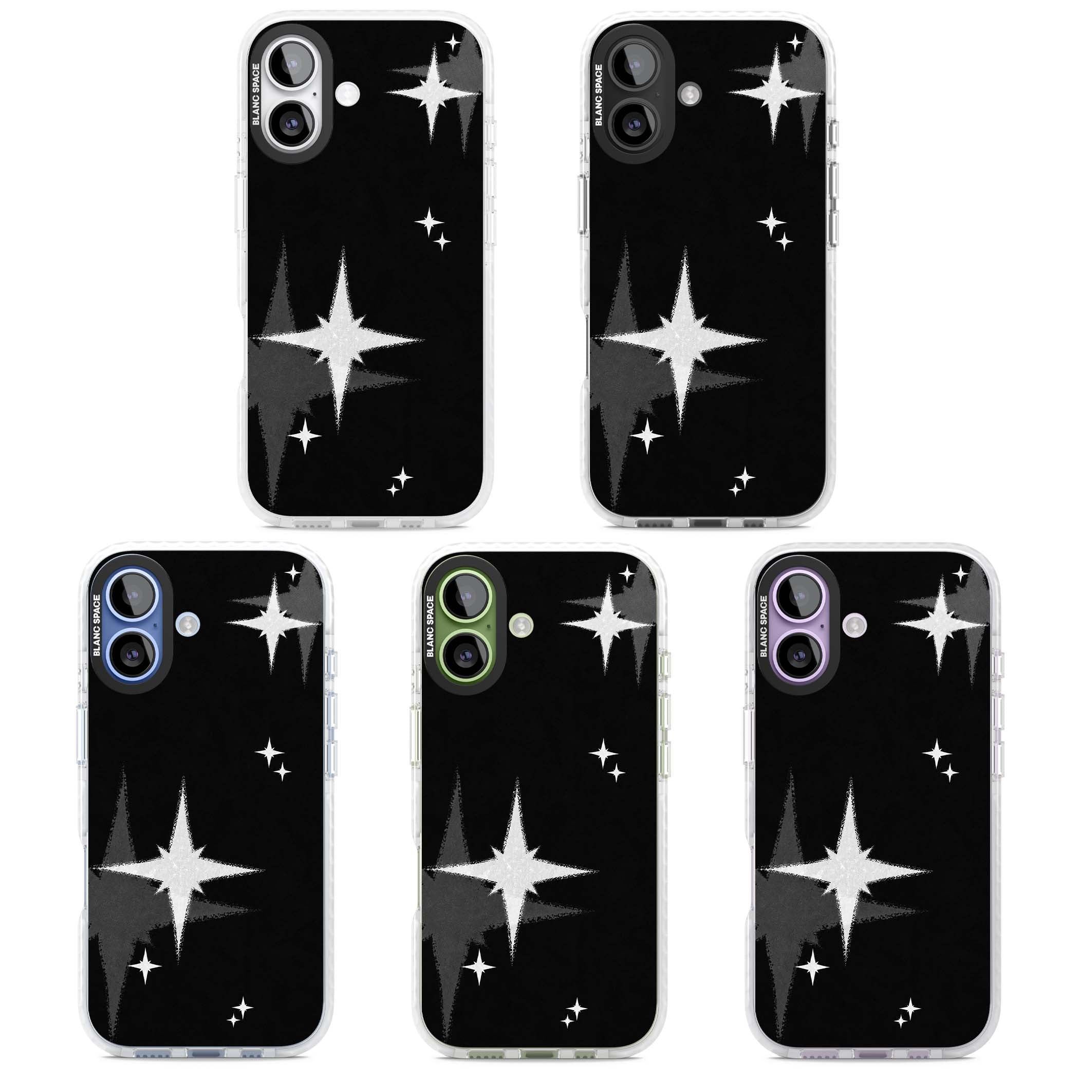 Black Sparkle celestial iPhone case featuring white sparkle stars on a black night sky background | Black Impact case for iPhone 17