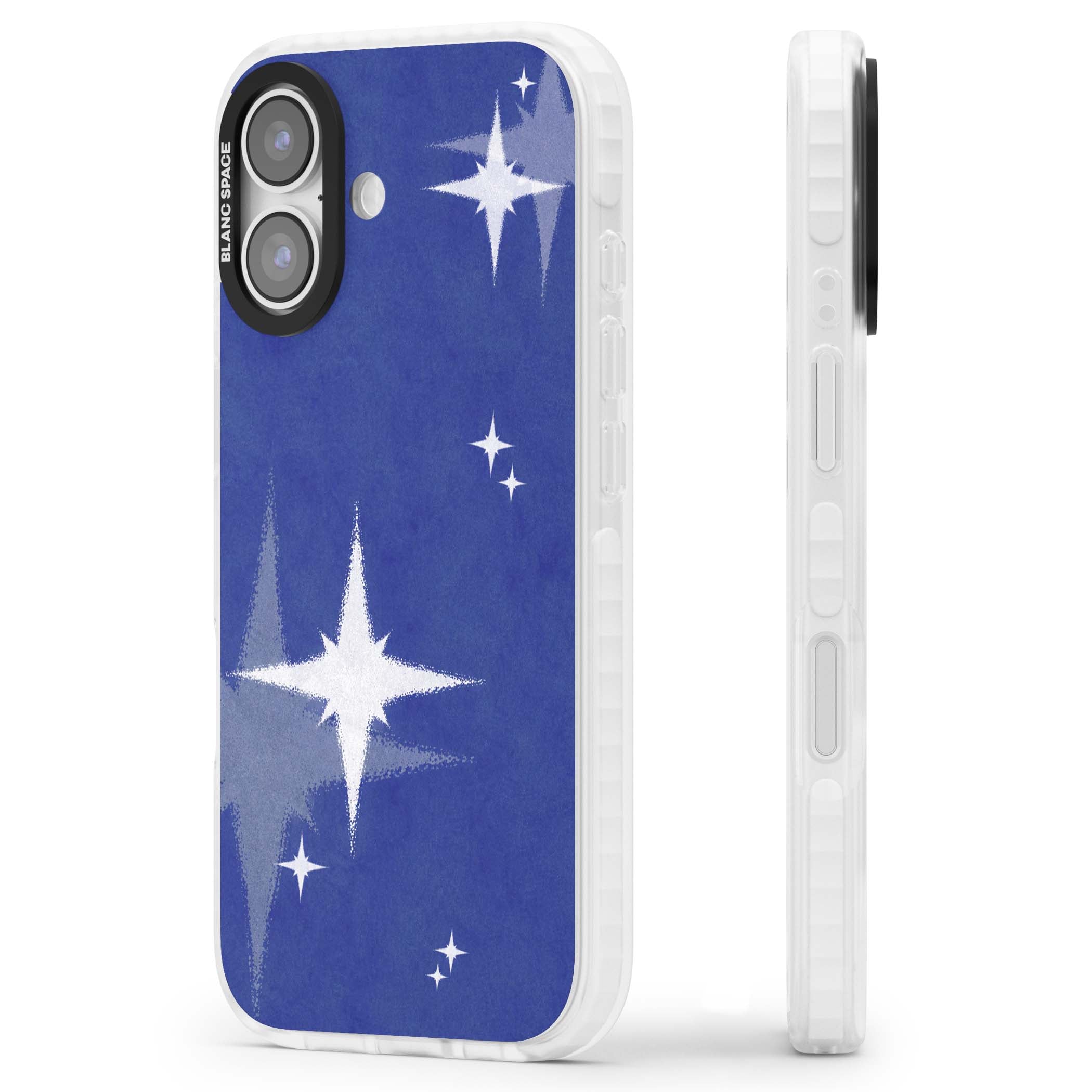 Blue Sparkle celestial iPhone case featuring sparkling silver stars on a deep blue painterly night sky | Black Impact case for iPhone 17