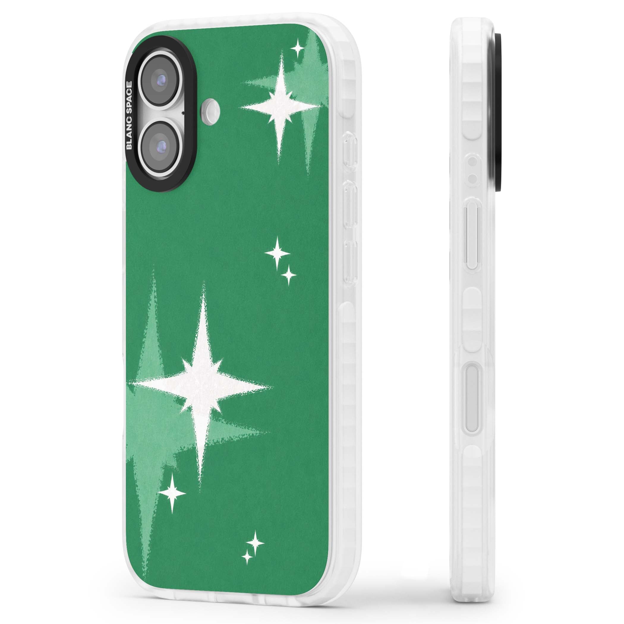 Green Sparkle celestial iPhone case featuring sparkling white four-point stars on a deep green background | Black Impact case for iPhone 17