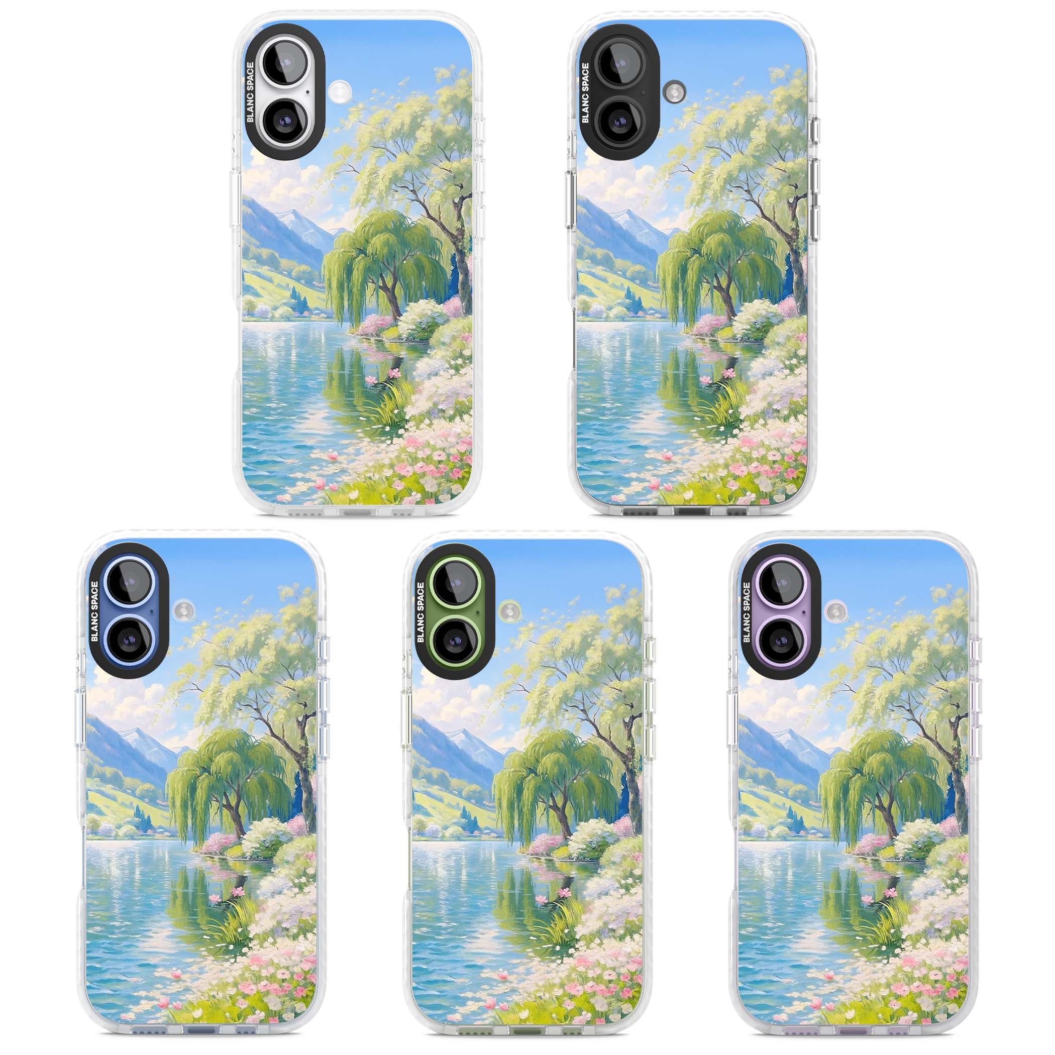Willow Lake cottagecore iPhone case featuring a painted lakeside with weeping willow, blossoms and distant mountains | Black Impact case for iPhone 17