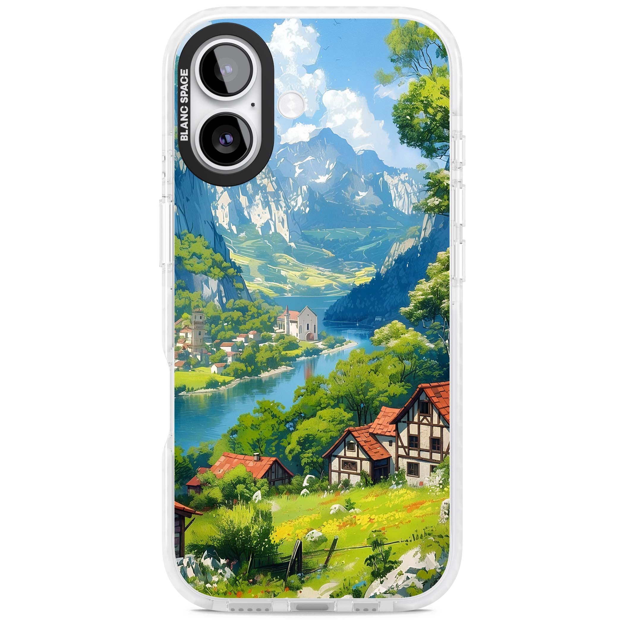 Village In The Valley anime iPhone case featuring a painted mountain village, river valley and half-timbered cottages. | Black Impact case for iPhone 17