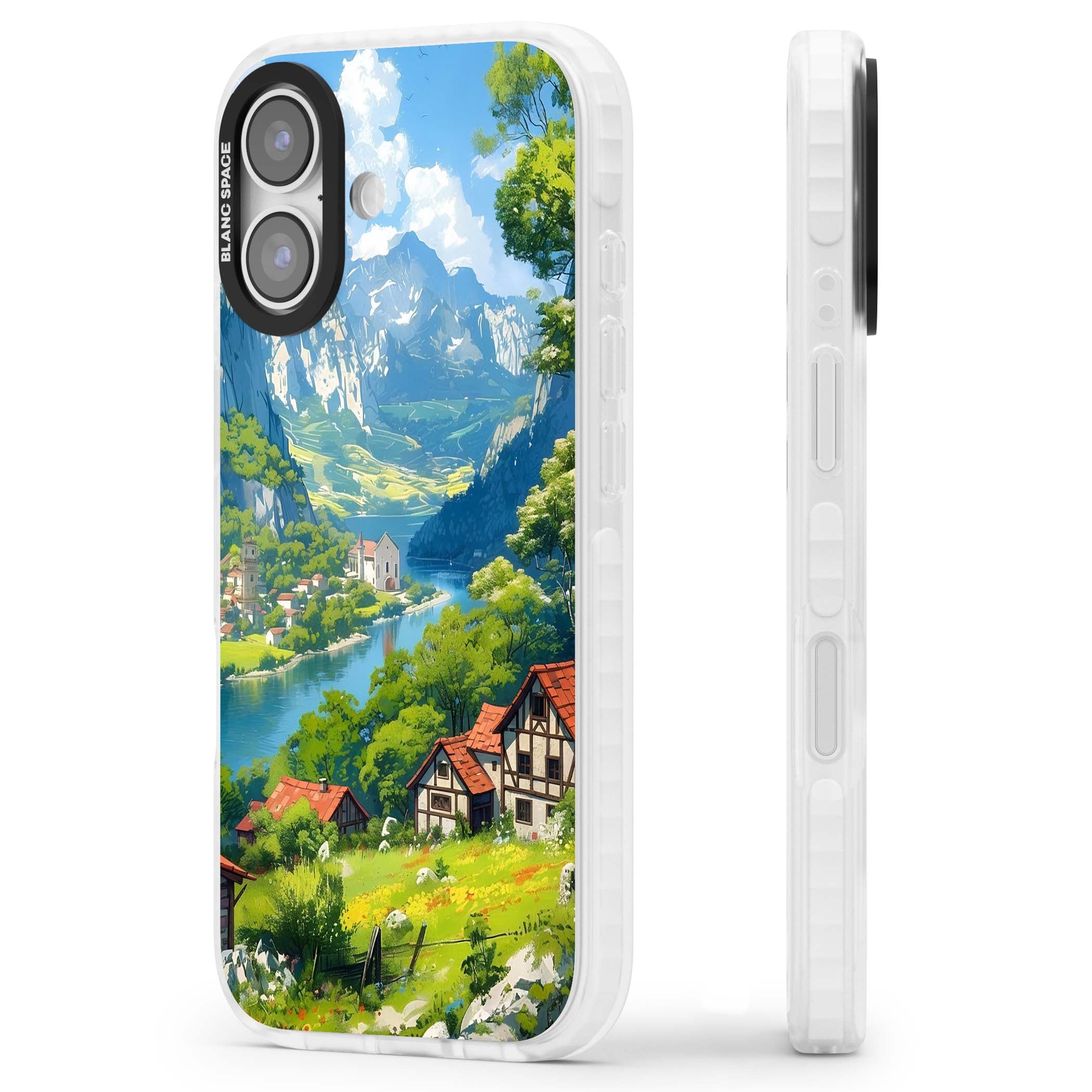Village In The Valley anime iPhone case featuring a painted mountain village, river valley and half-timbered cottages. | Black Impact case for iPhone 17
