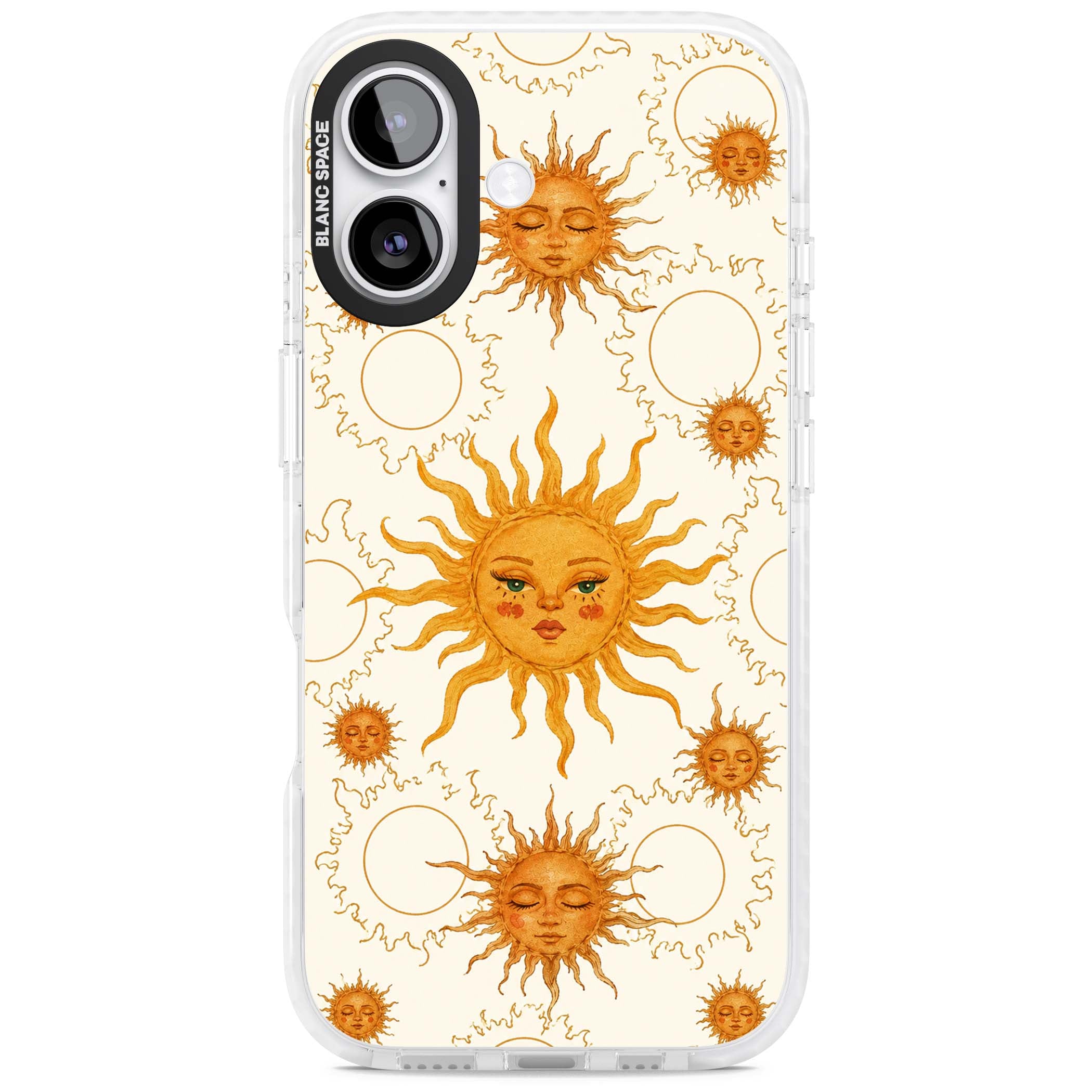 Solstice Muse celestial iPhone case featuring hand-painted golden sun faces, closed-eye sun goddesses and outlined moons... | Black Impact case for iPhone 17