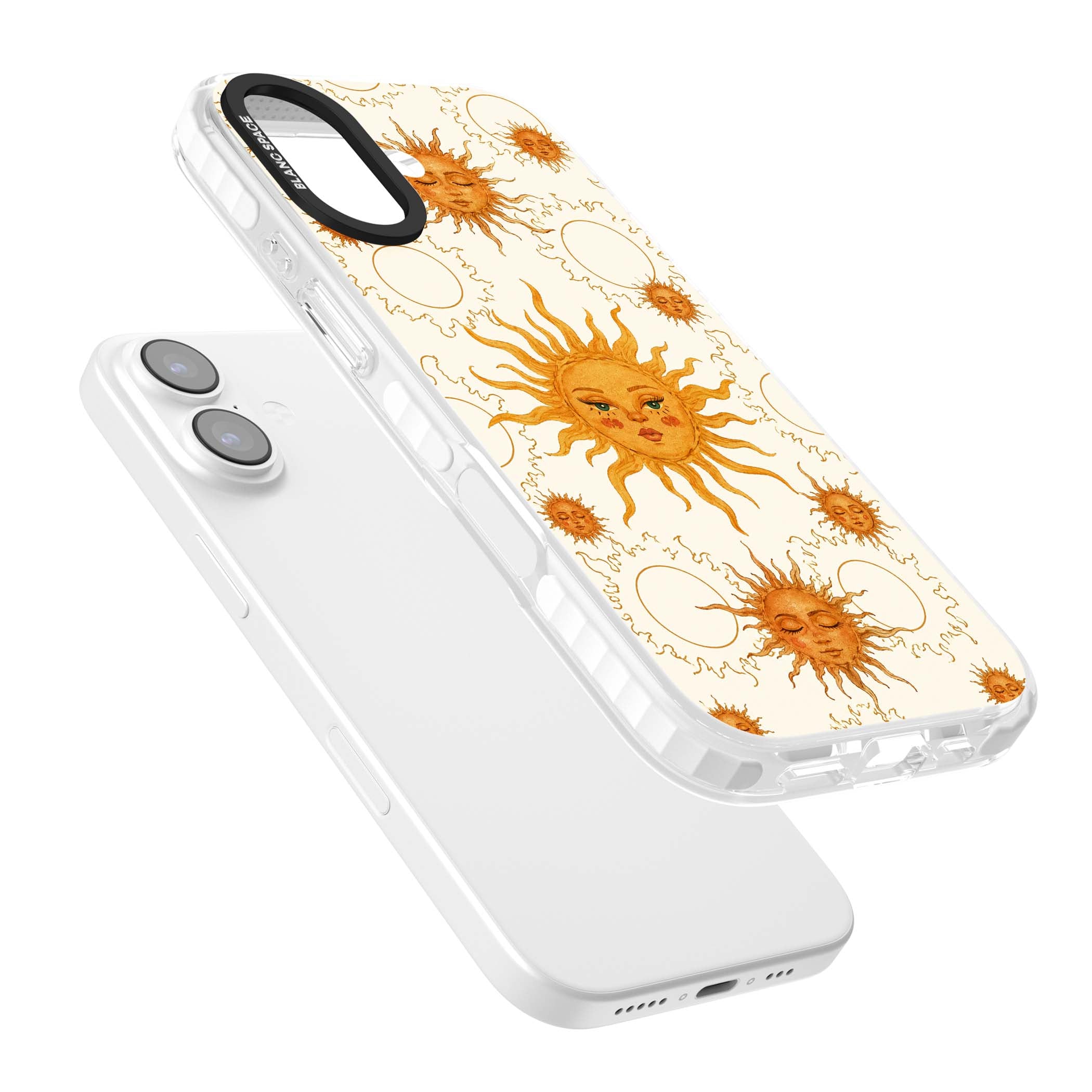 Solstice Muse celestial iPhone case featuring hand-painted golden sun faces, closed-eye sun goddesses and outlined moons... | Black Impact case for iPhone 17