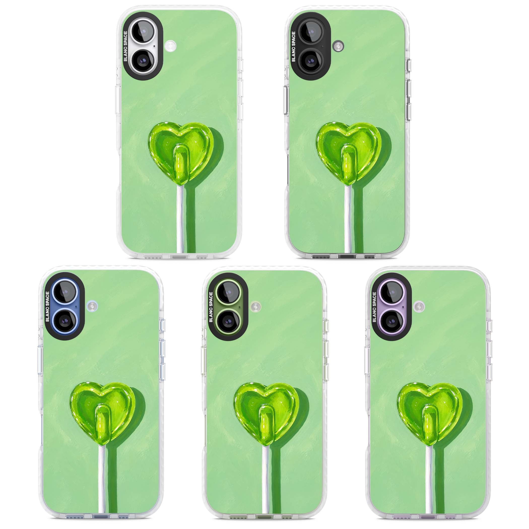 Green Lollipop candy art iPhone case featuring a glossy green heart-shaped lollipop on a painted pastel green background | Black Impact case for iPhone 17