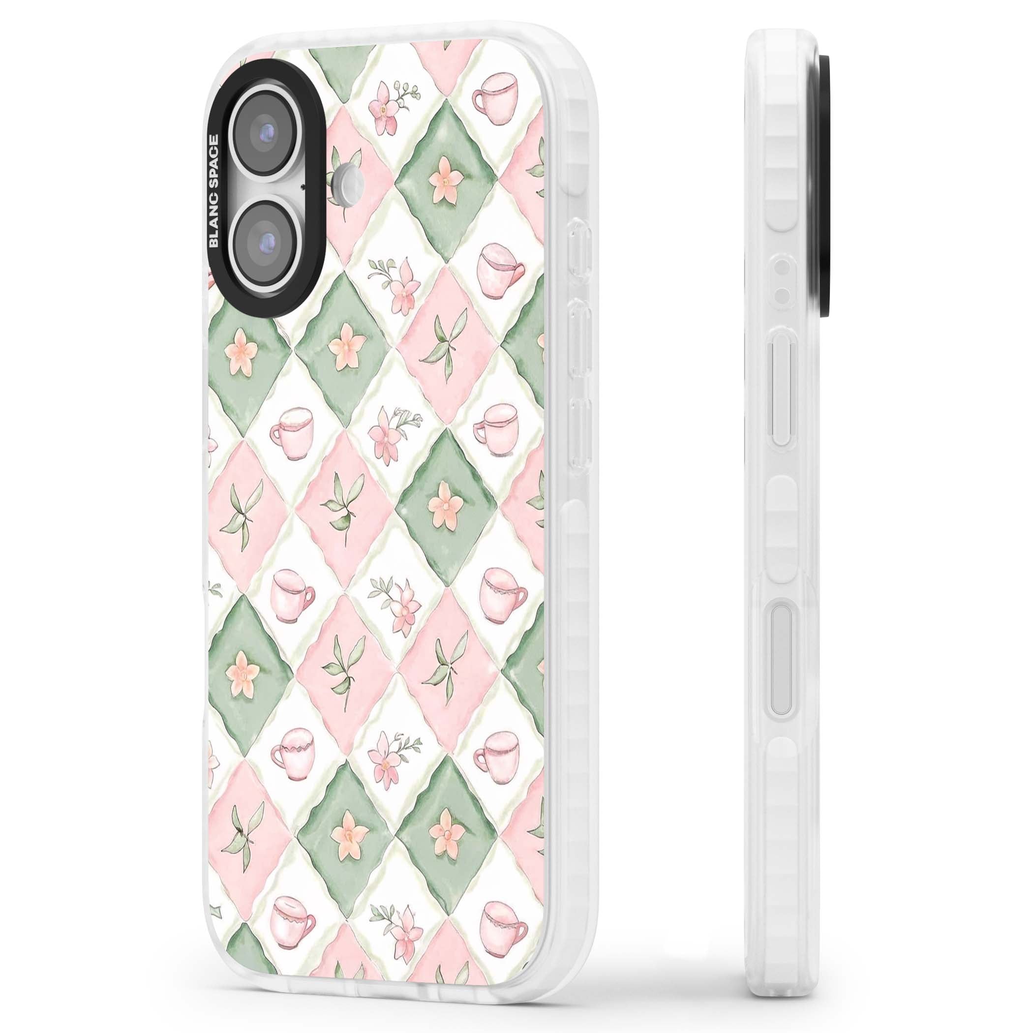 Garden Tea Party coquette iPhone case with pink and green checkered pattern, watercolour teacups and wildflowers | Black Impact case for iPhone 17
