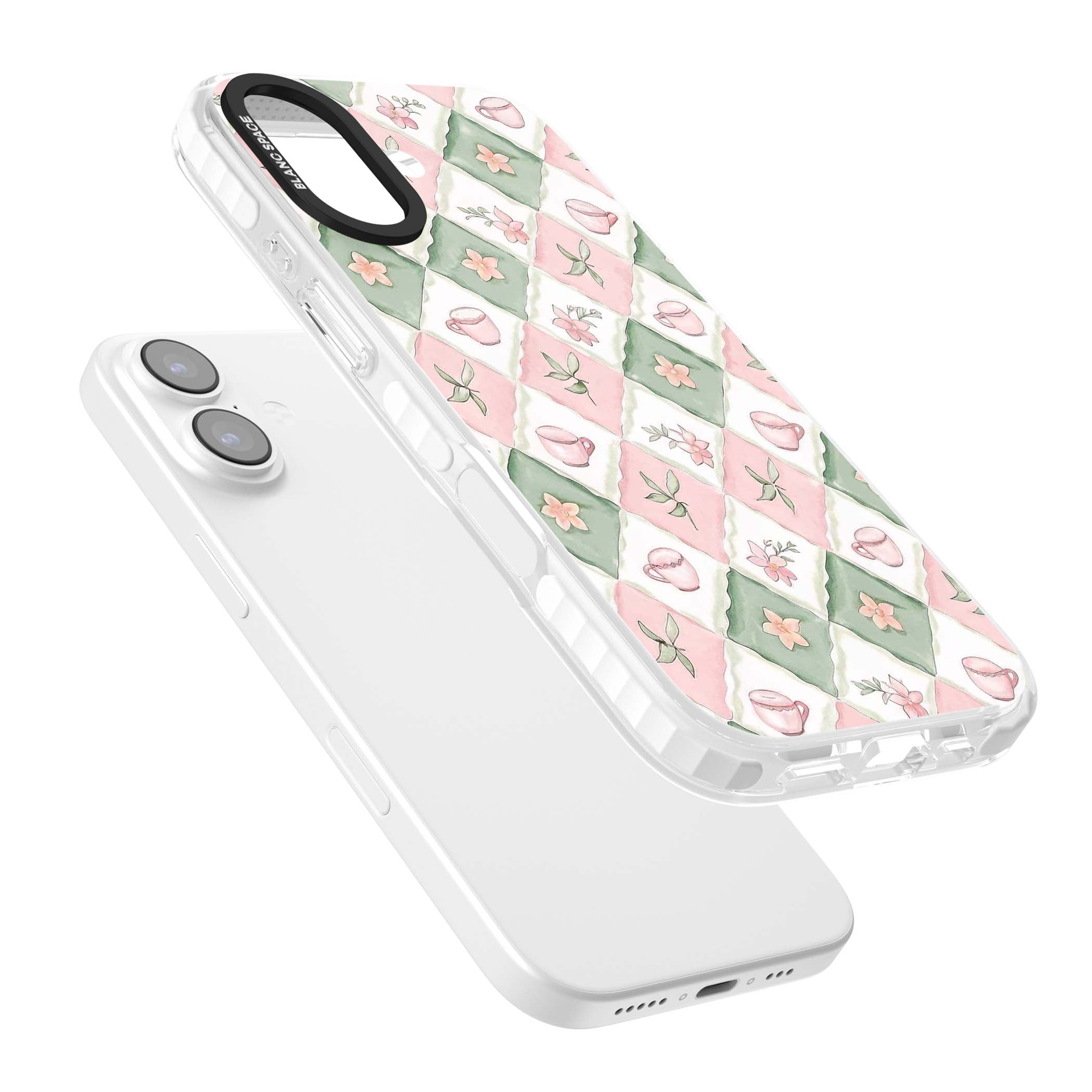 Garden Tea Party coquette iPhone case with pink and green checkered pattern, watercolour teacups and wildflowers | Black Impact case for iPhone 17