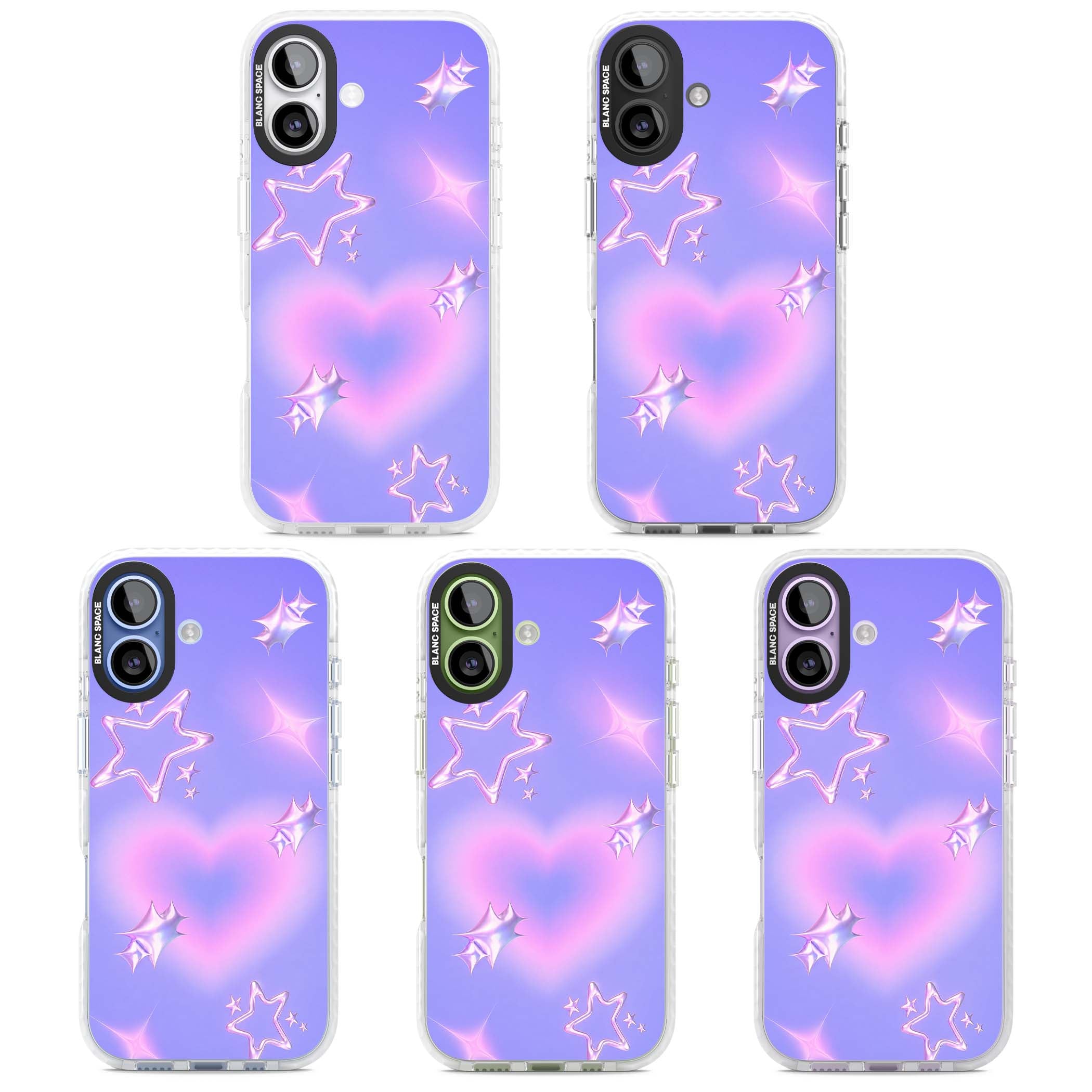 Soft Sugar Y2K iPhone case featuring iridescent chrome hearts, metallic pink stars and a lavender gradient sky | Black Impact case for iPhone 17
