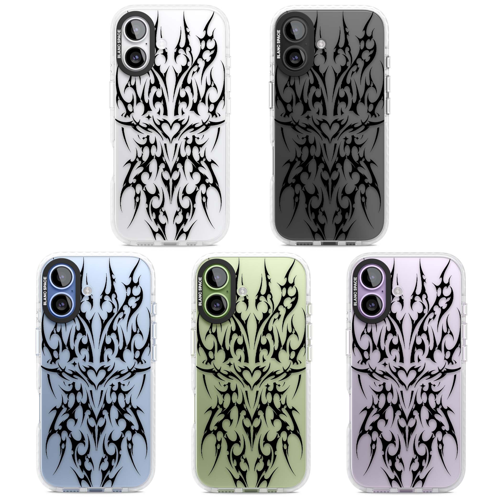 Neo Tribal Heart gothic iPhone case featuring symmetrical black tribal tattoo art with sharp thorn-like linework | Black Impact case for iPhone 17