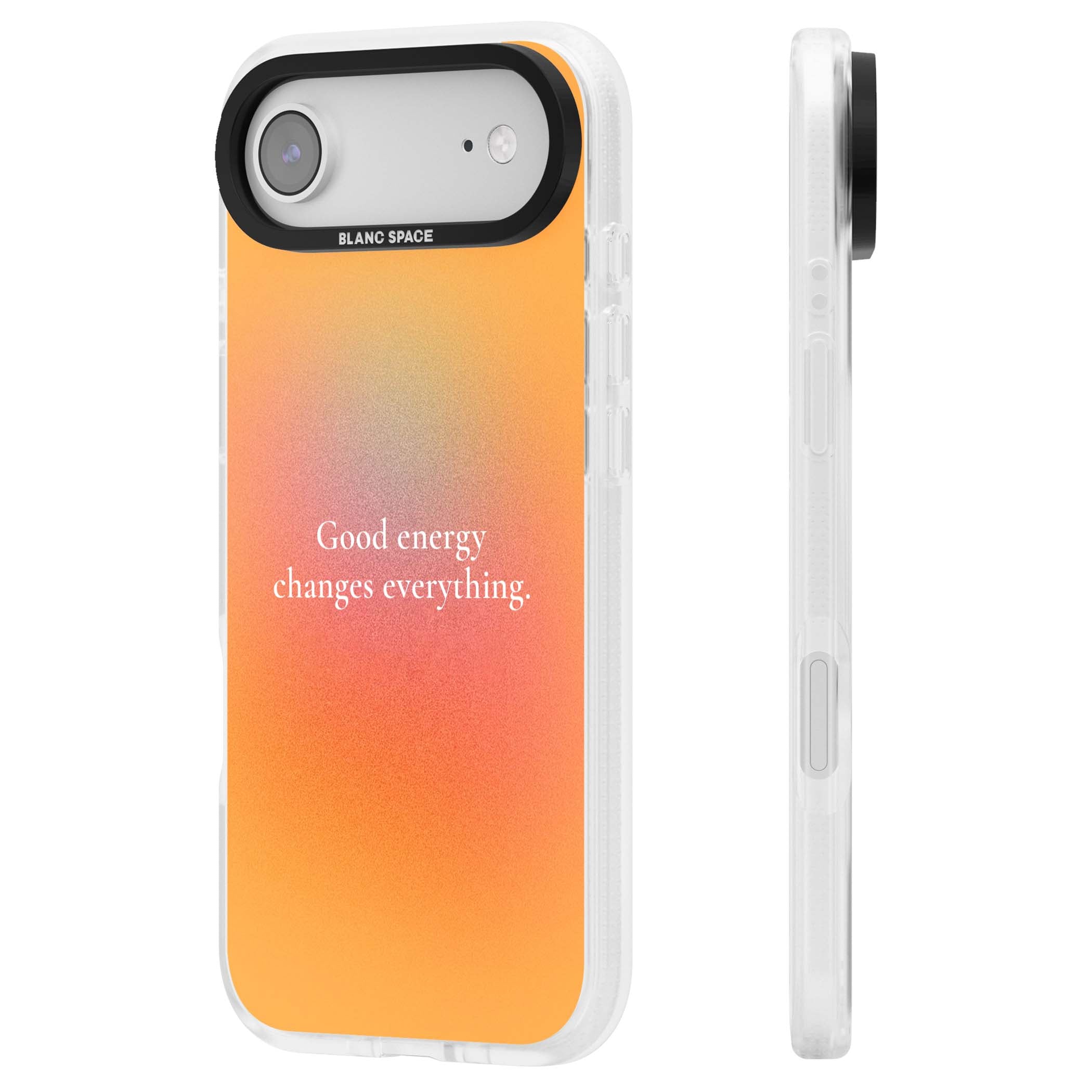 Good Energy quote iPhone case featuring an orange and pink aura gradient with white serif affirmation text | Clear Case Impact Air case for iPhone Air