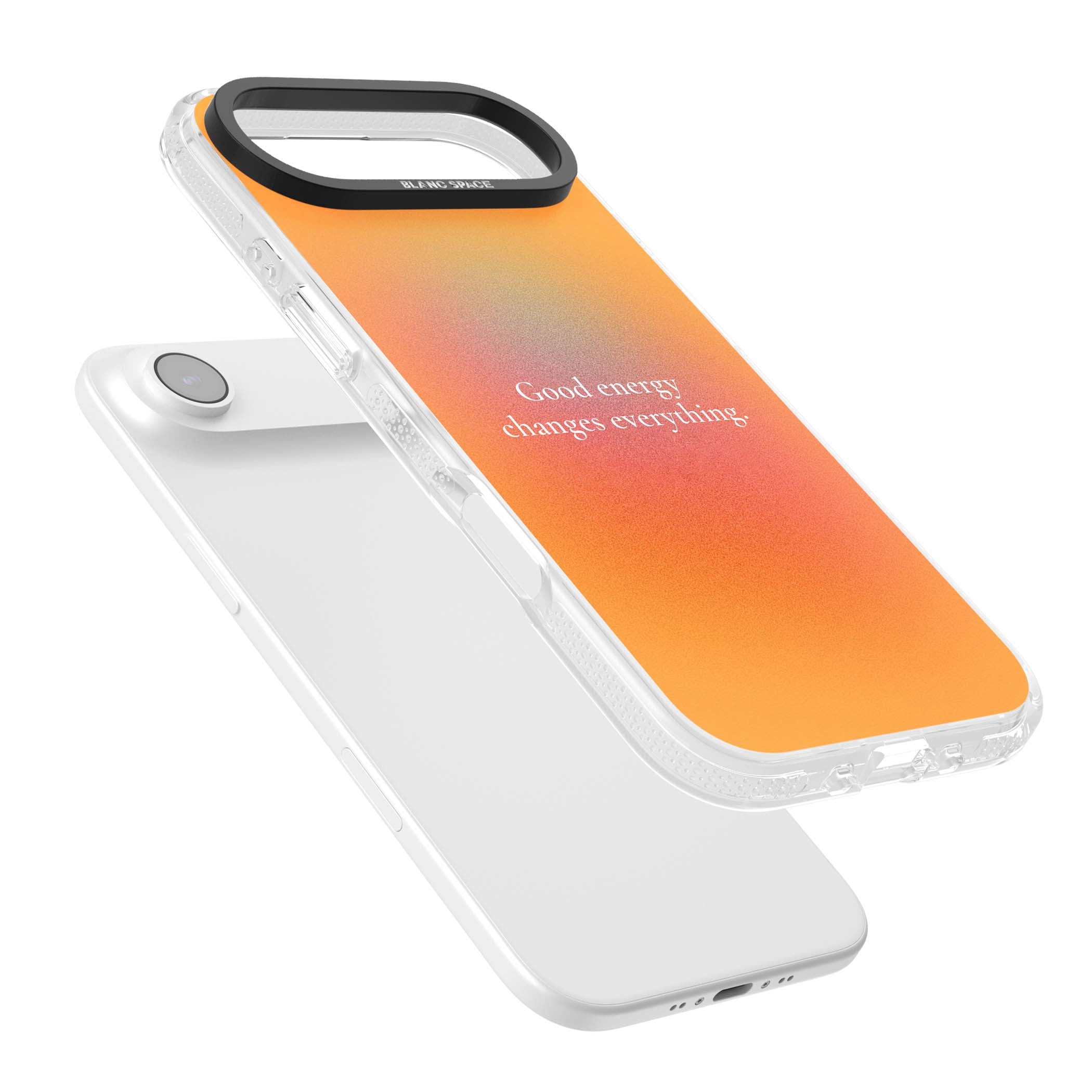 Good Energy quote iPhone case featuring an orange and pink aura gradient with white serif affirmation text | Clear Case Impact Air case for iPhone Air