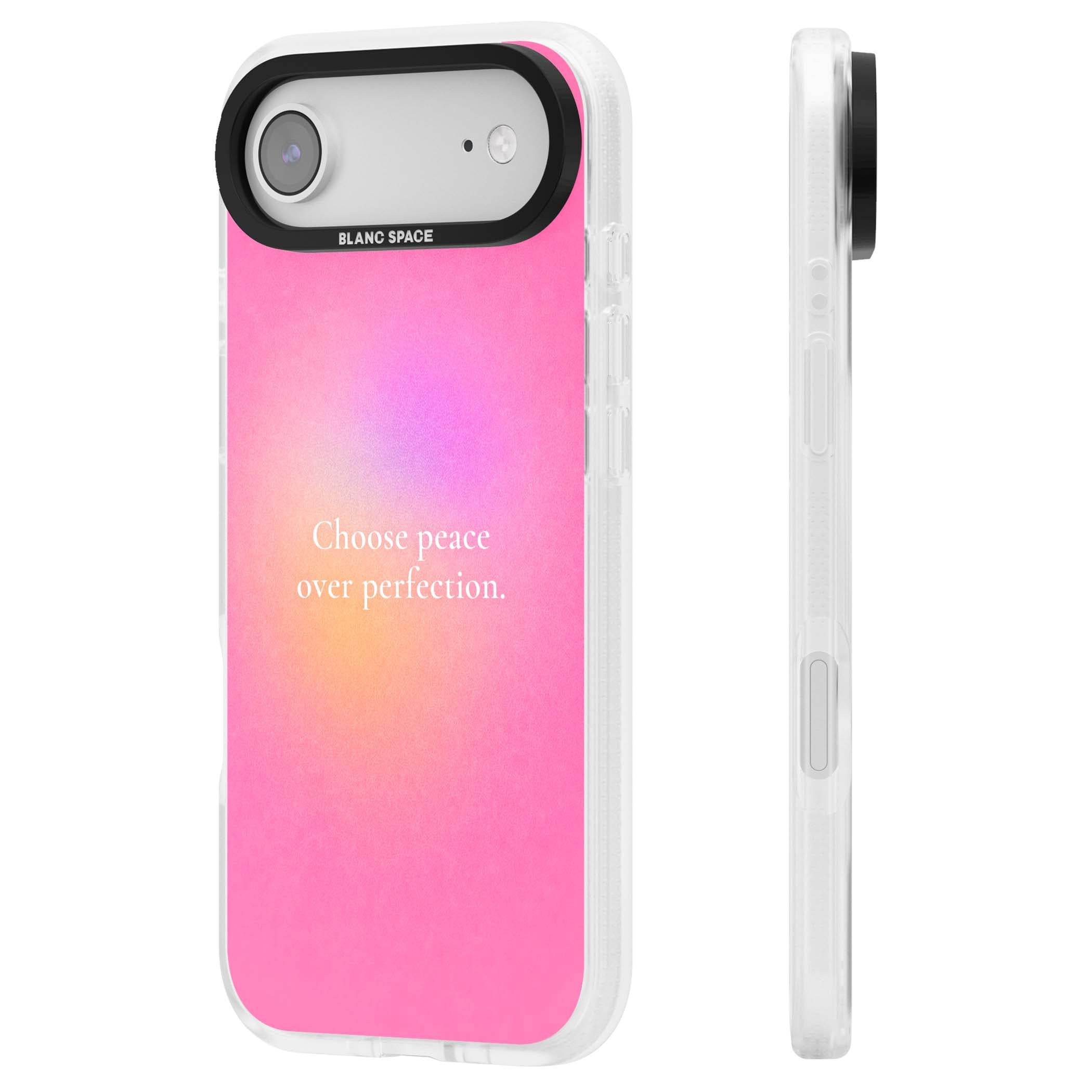 Peace Over Perfection quote iPhone case featuring a dreamy pink aura gradient and delicate white affirmation text | Clear Case Impact Air case for iPhone Air