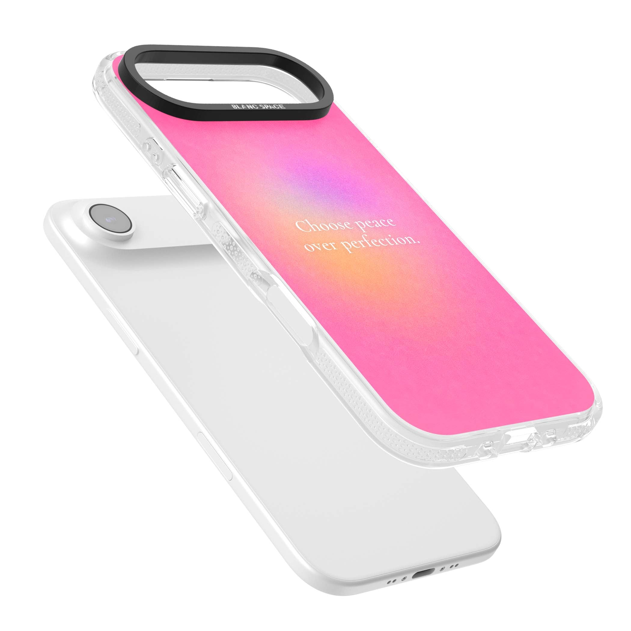 Peace Over Perfection quote iPhone case featuring a dreamy pink aura gradient and delicate white affirmation text | Clear Case Impact Air case for iPhone Air