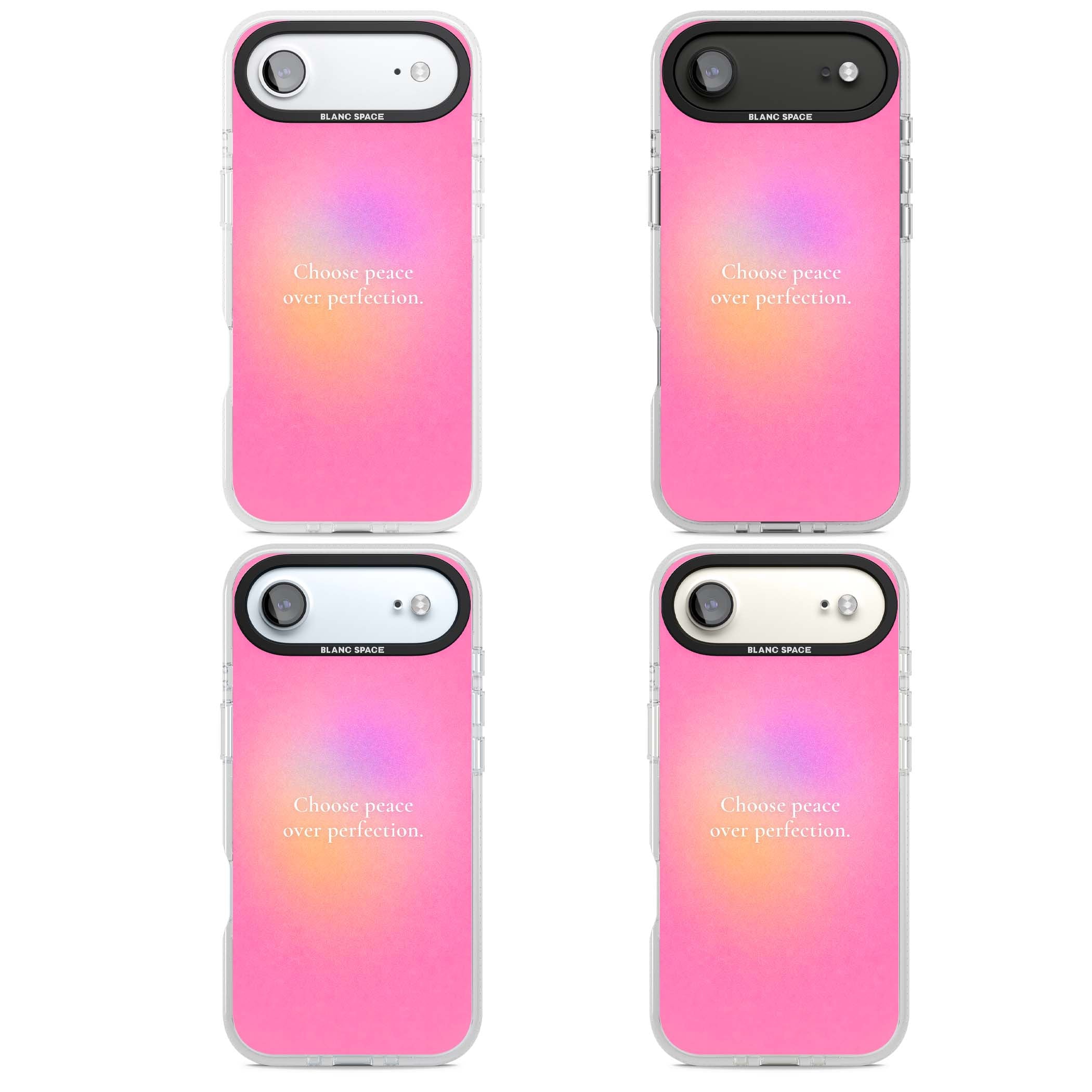Peace Over Perfection quote iPhone case featuring a dreamy pink aura gradient and delicate white affirmation text | Clear Case Impact Air case for iPhone Air