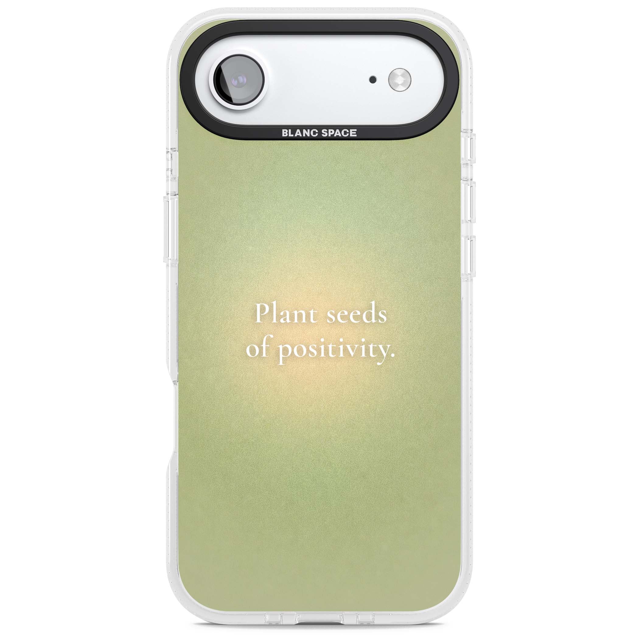 Seeds of Positivity quote iPhone case featuring a sage green aura gradient and golden glow affirmation | Clear Case Impact Air case for iPhone Air