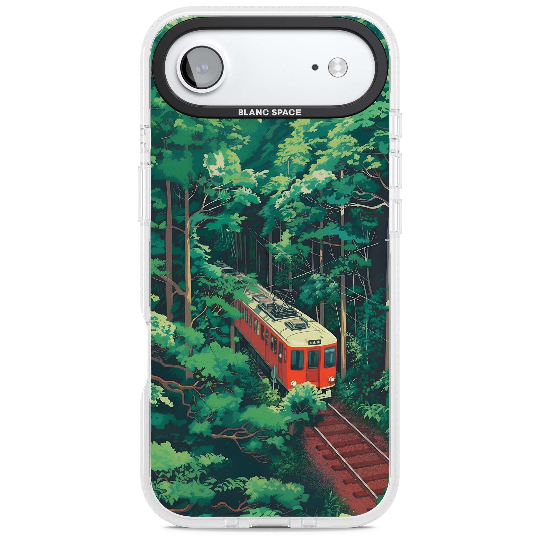 Railway In Toyama Japanese iPhone case featuring a red train, cedar forest and winding mountain railway tracks | Clear Case Impact Air case for iPhone Air