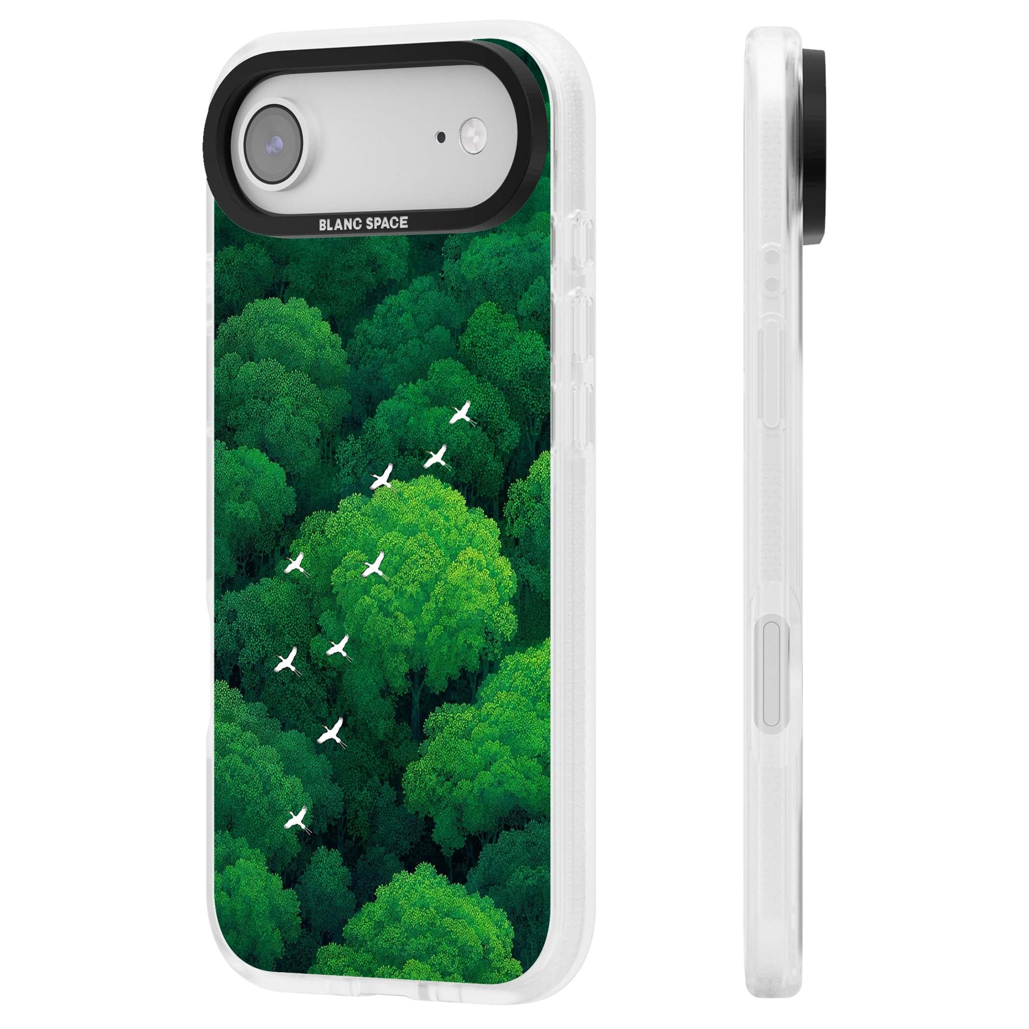 Grove Migration forest iPhone case featuring white cranes flying over lush green treetop canopy | Clear Case Impact Air case for iPhone Air