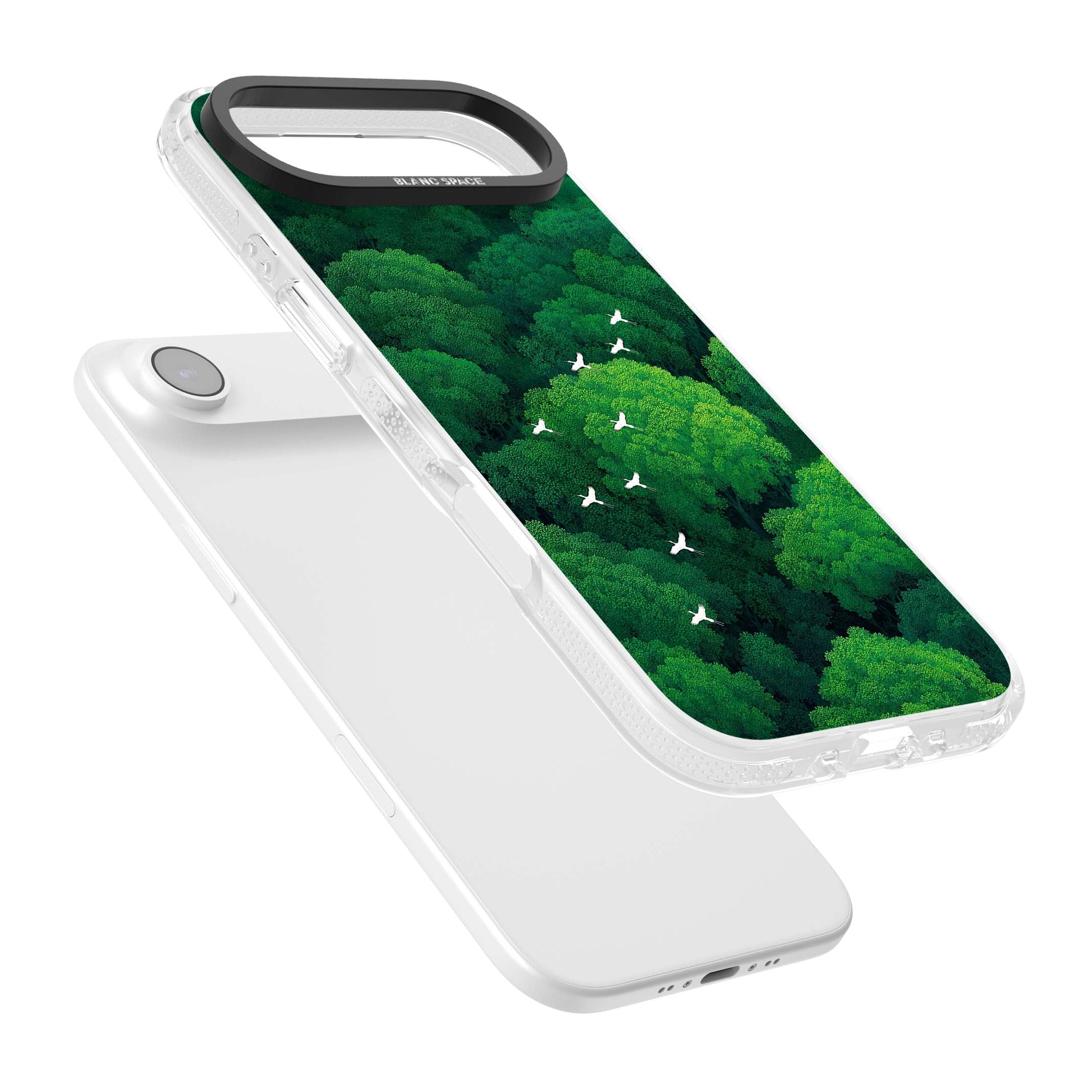 Grove Migration forest iPhone case featuring white cranes flying over lush green treetop canopy | Clear Case Impact Air case for iPhone Air