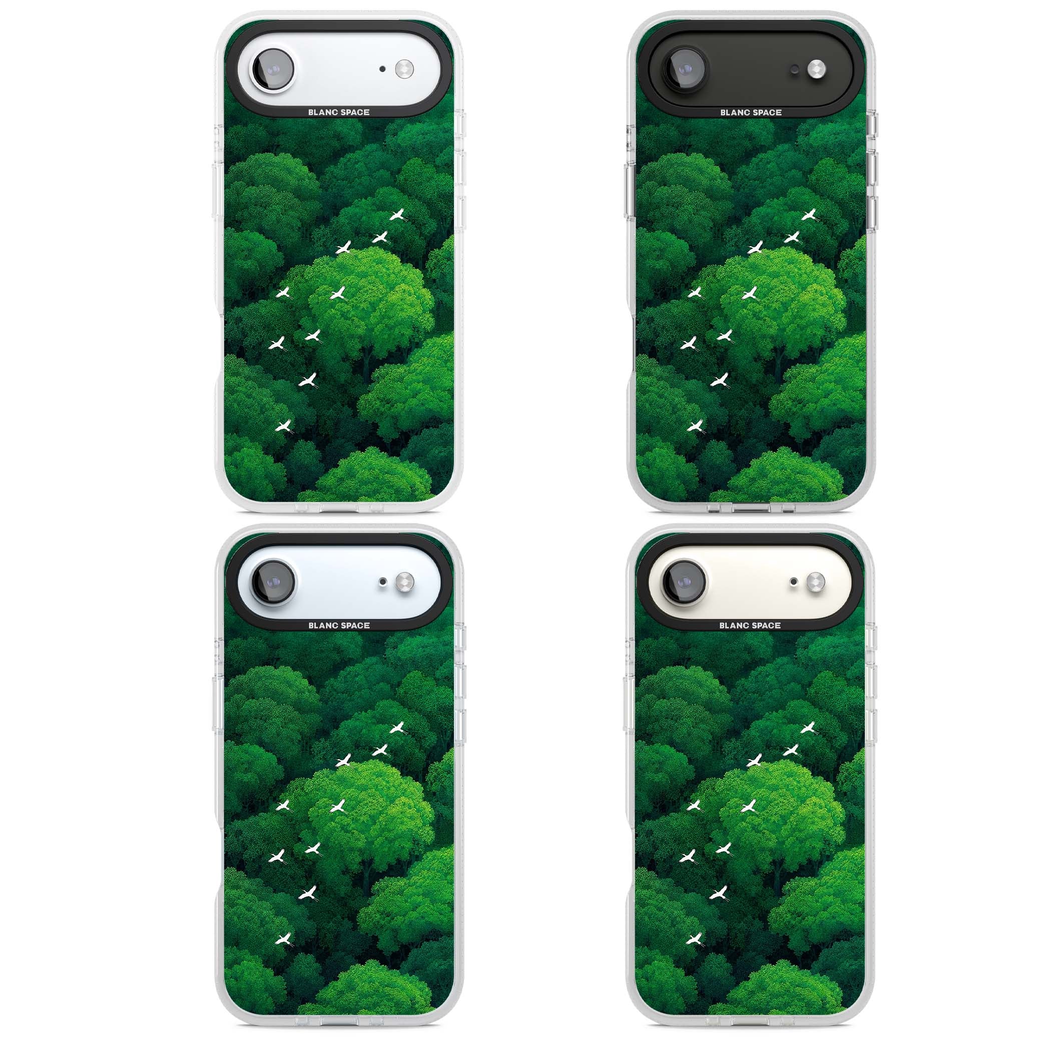 Grove Migration forest iPhone case featuring white cranes flying over lush green treetop canopy | Clear Case Impact Air case for iPhone Air